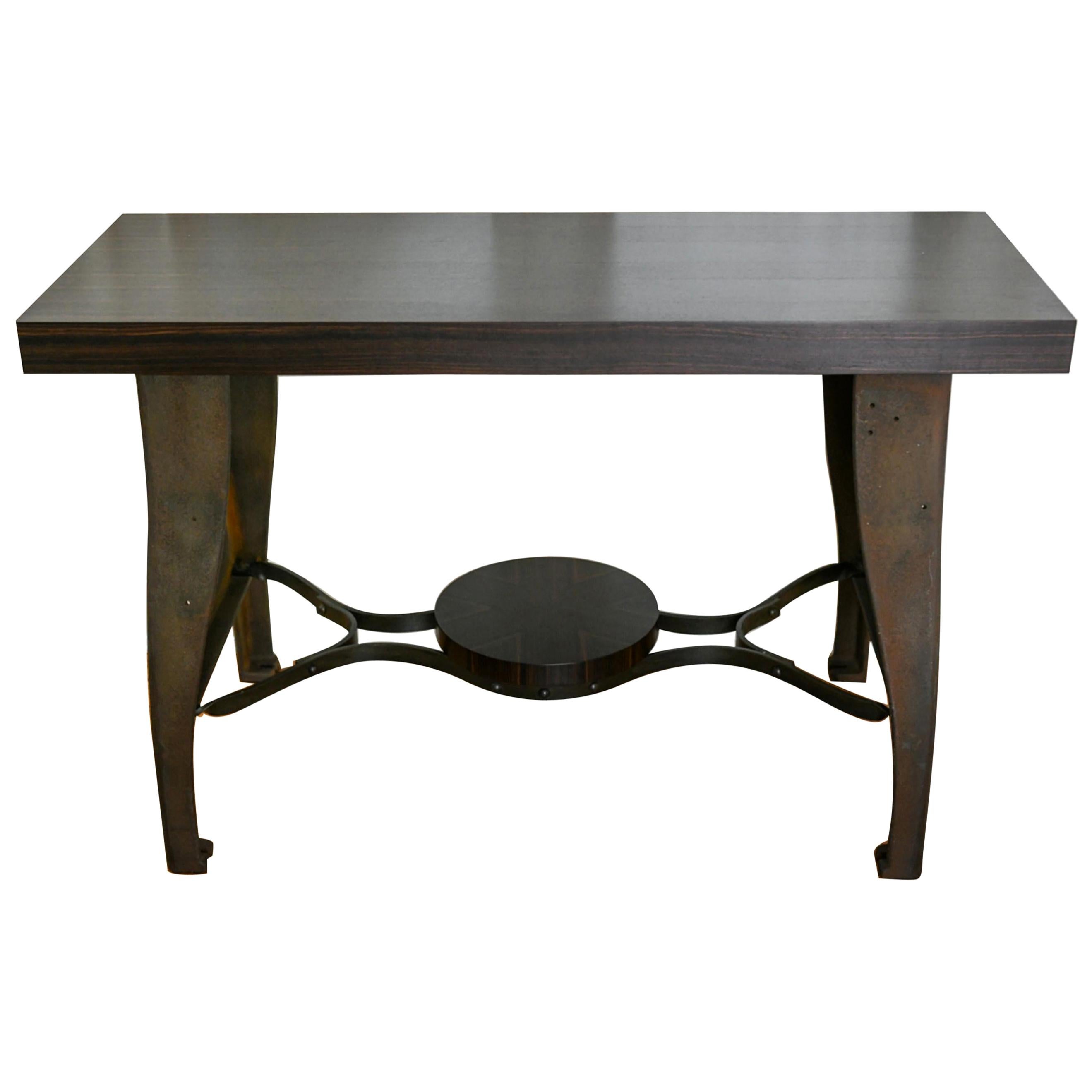 Industrial Metal and Ebony Macassar Wood Console Trestle Table