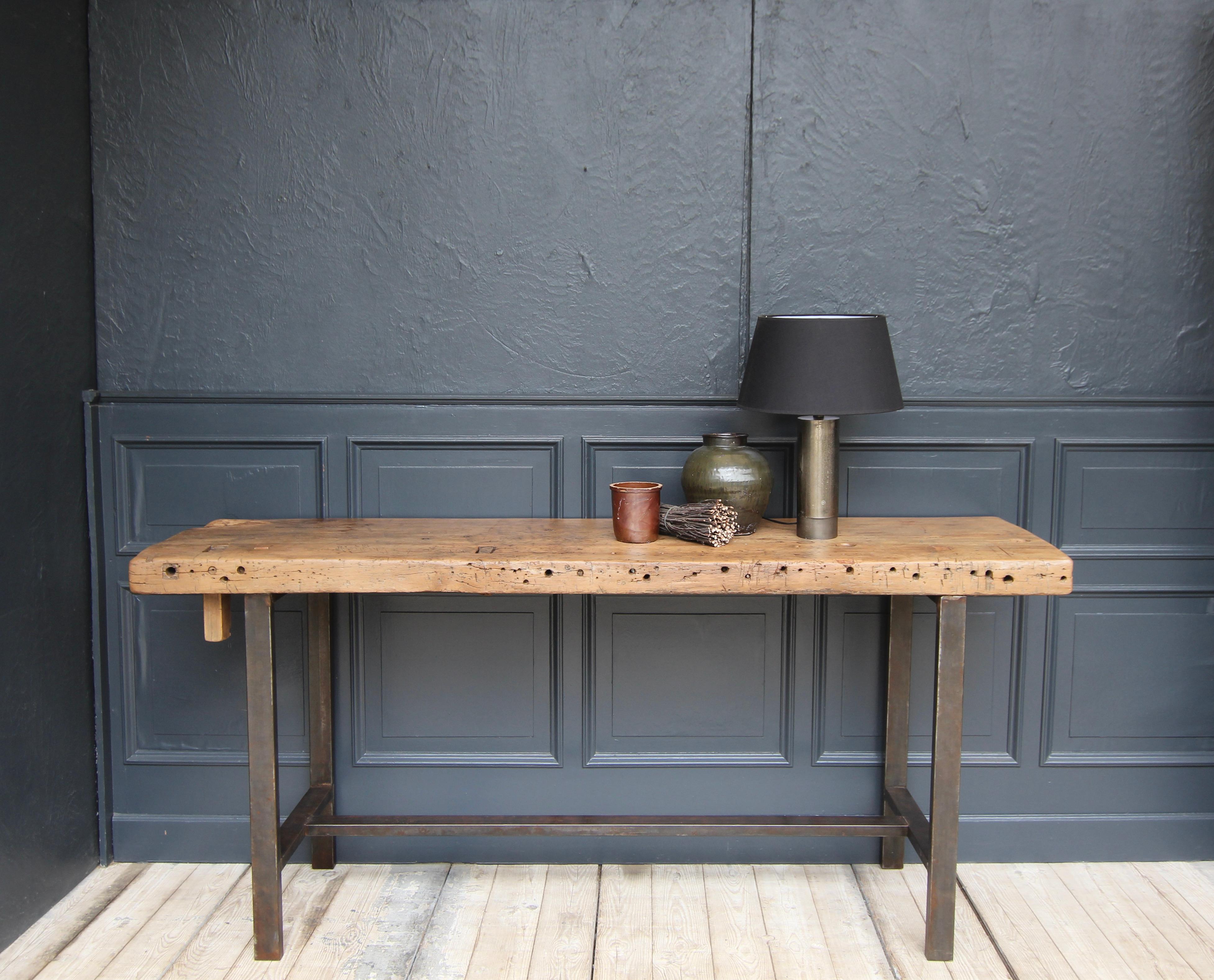 European Industrial Metal and Wood Work Table or Console Table For Sale
