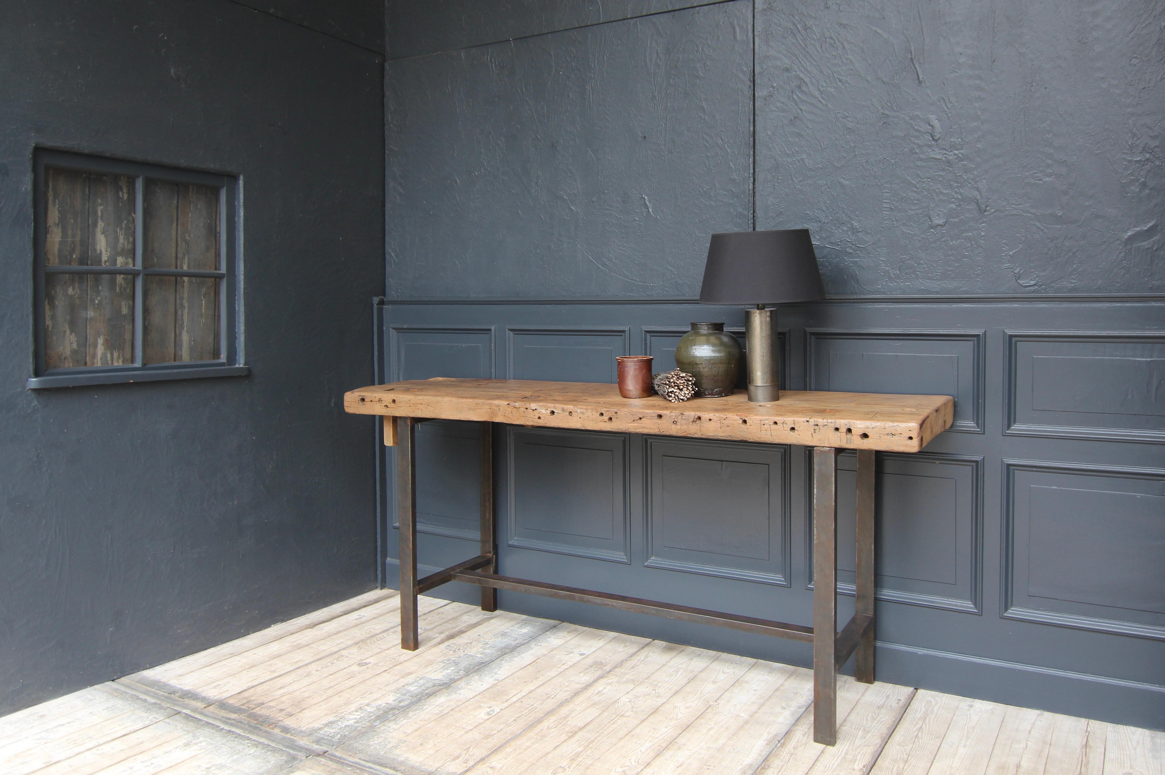 20th Century Industrial Metal and Wood Work Table or Console Table For Sale