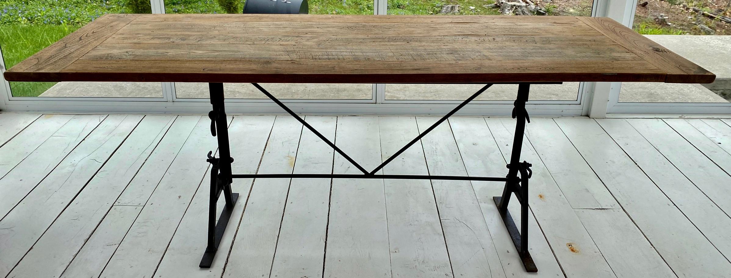 This industrial table base made from a pair of antique saw horses will make a great desk, office, writing table, a dining table in the kitchen, garden, porch or patio. The table has a teak plank top but can be sold separately for you to put a top of