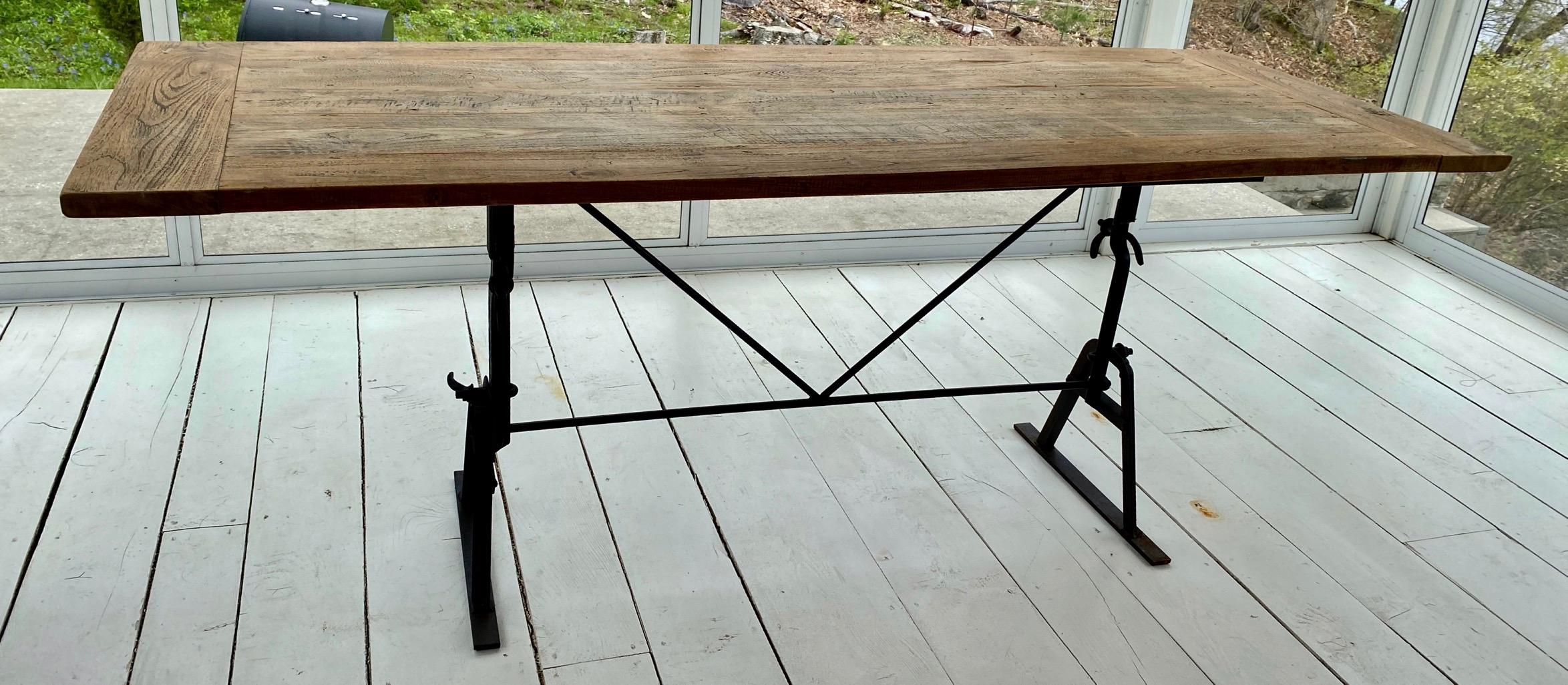 Industrial Metal Base and Teak Top Dining Table In Good Condition In Sheffield, MA