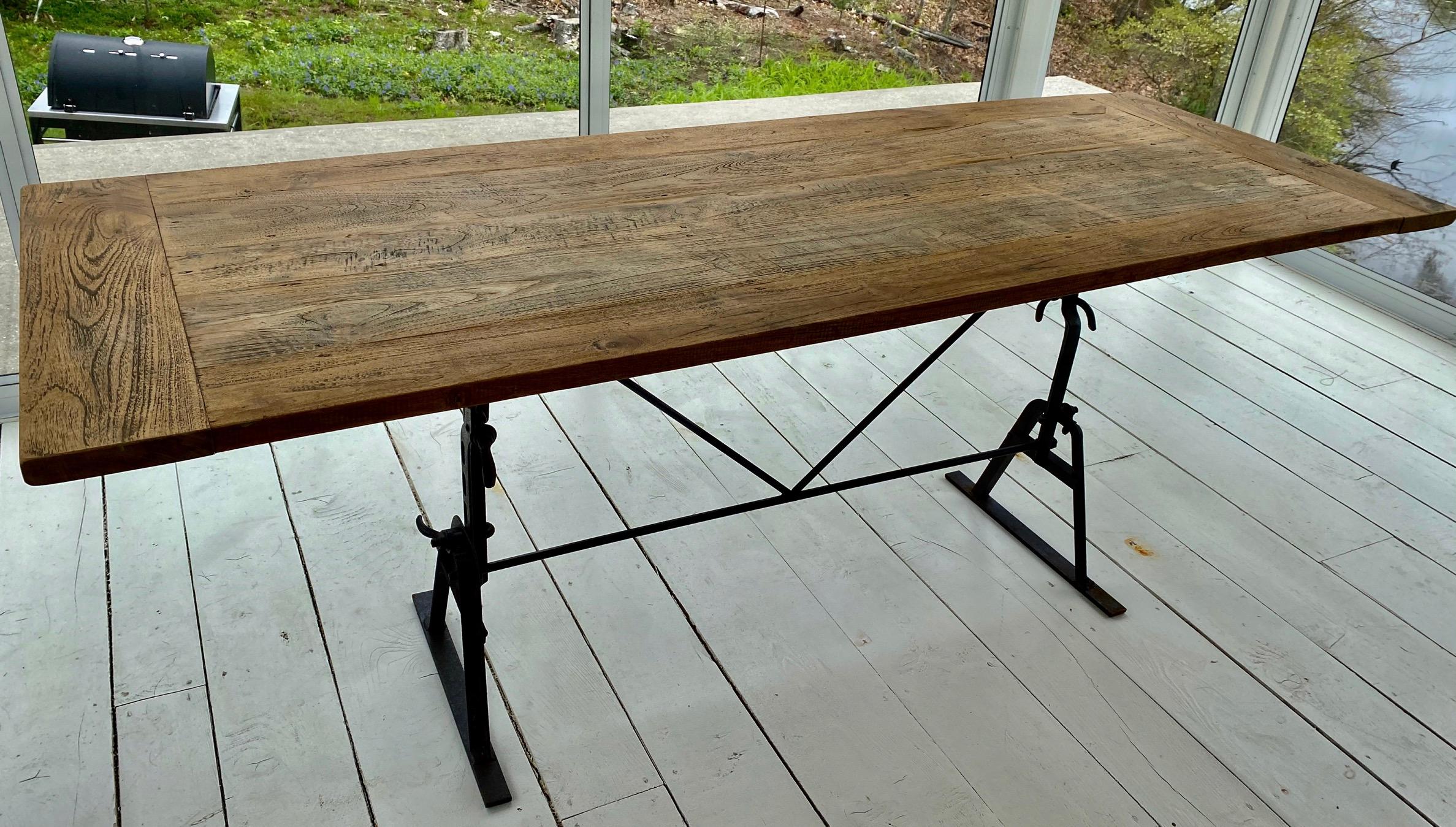 19th Century Industrial Metal Base and Teak Top Dining Table