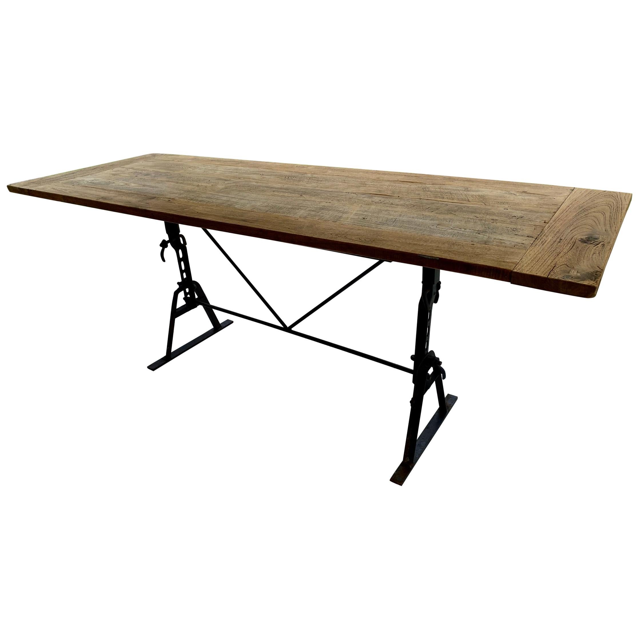 Industrial Metal Base and Teak Top Dining Table