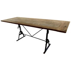 Antique Industrial Metal Base and Teak Top Dining Table