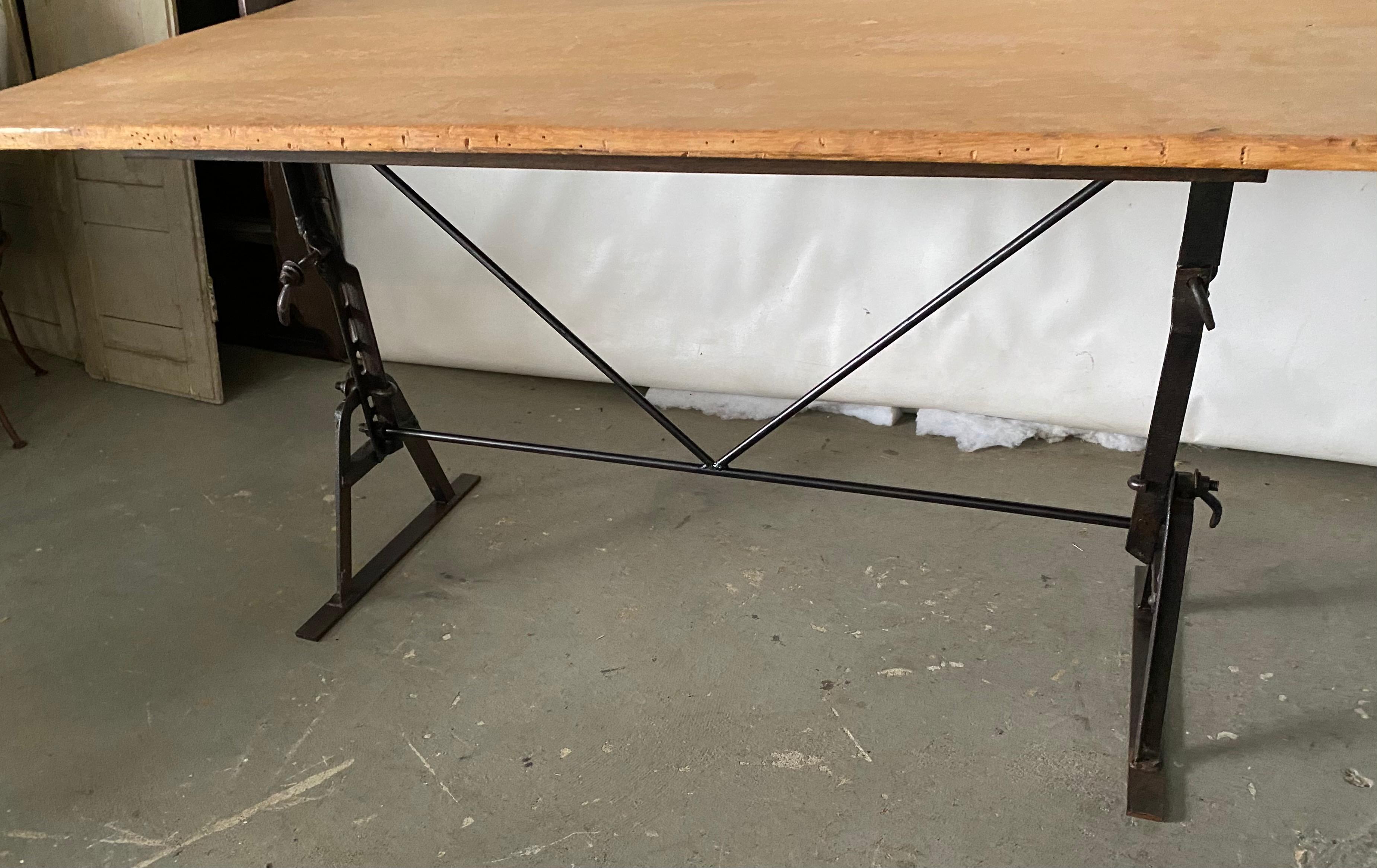 American Industrial Metal Base Garden Dining Table or Desk For Sale