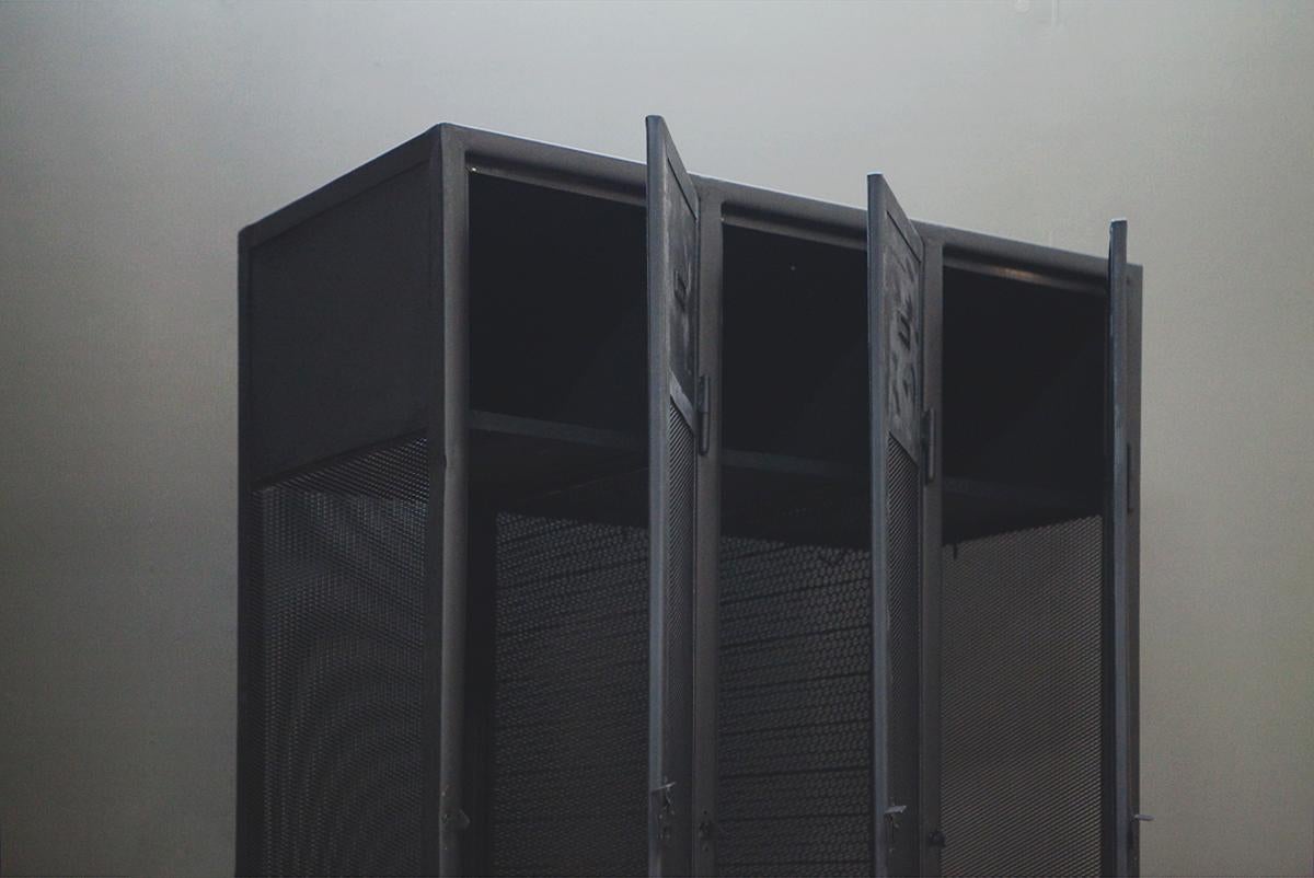 Industrial Metal Black Three Door Locker In Good Condition For Sale In Chesham, GB