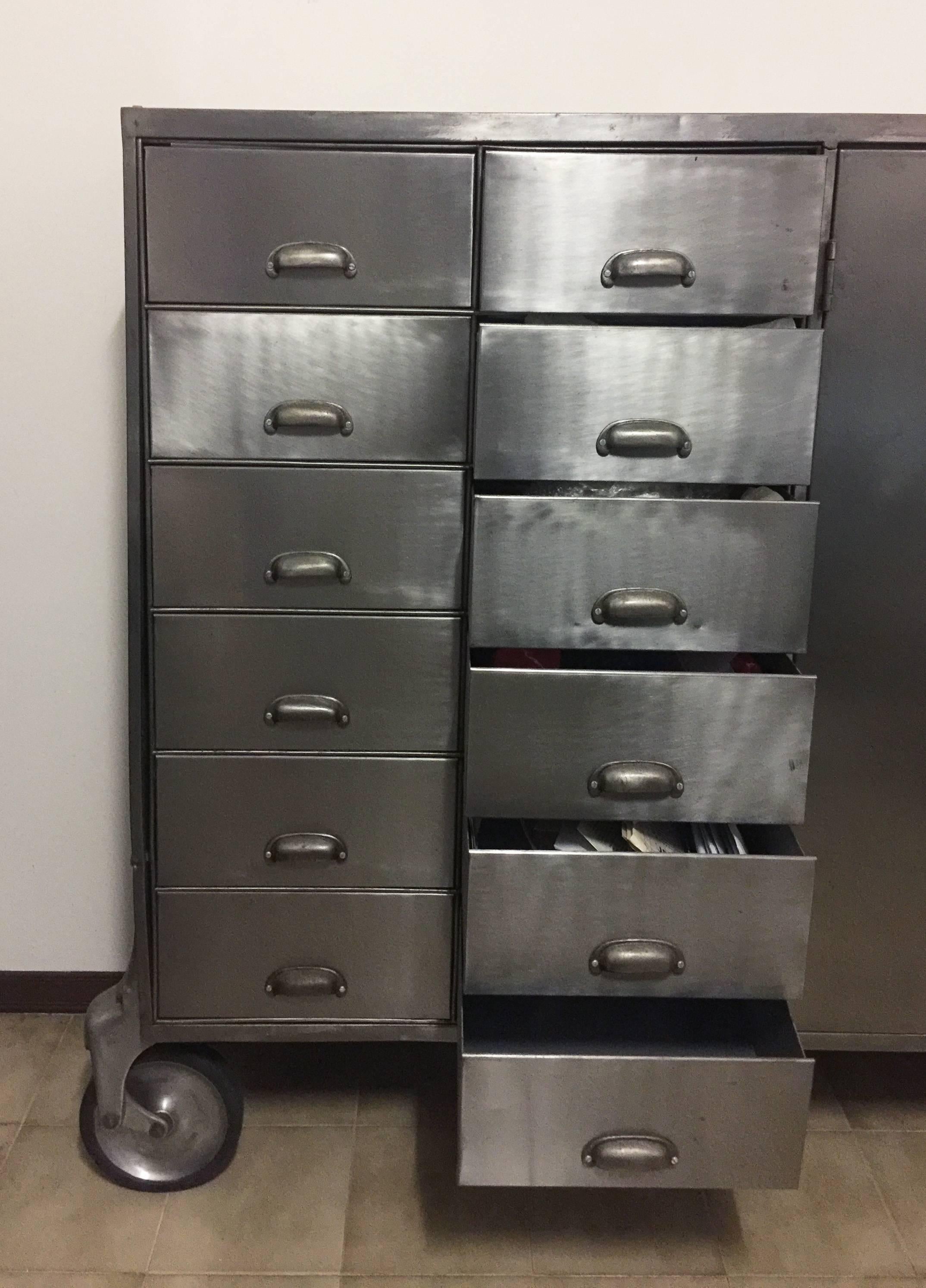 Industrial Metal Cabinet on Heavy Duty Casters, Drawers and Doors In Excellent Condition For Sale In London, GB