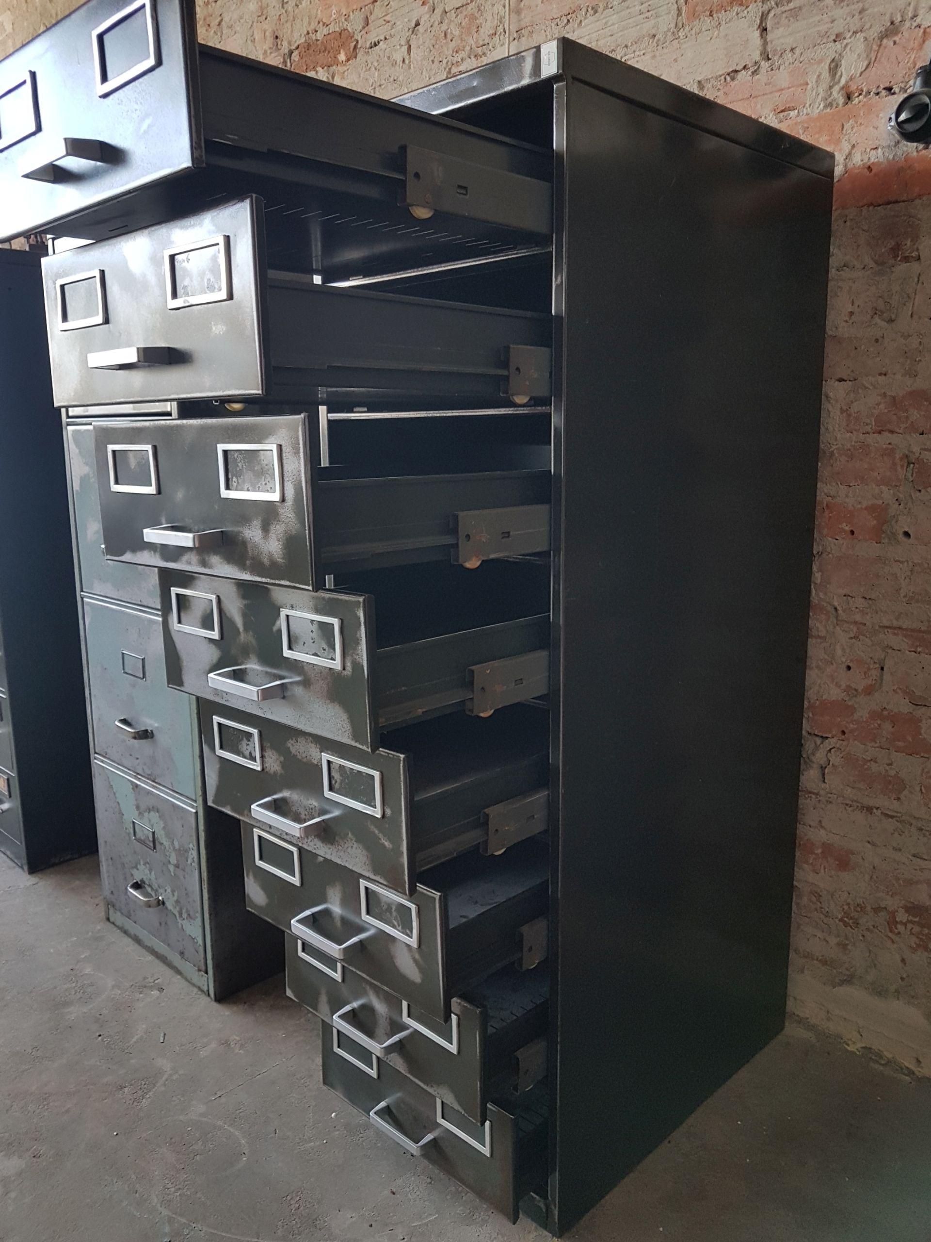 Industrial Metal Cabinet Steel Lockers Four Cabinets Loft Style Brushed Steel In Excellent Condition For Sale In Bydgoszcz, PL