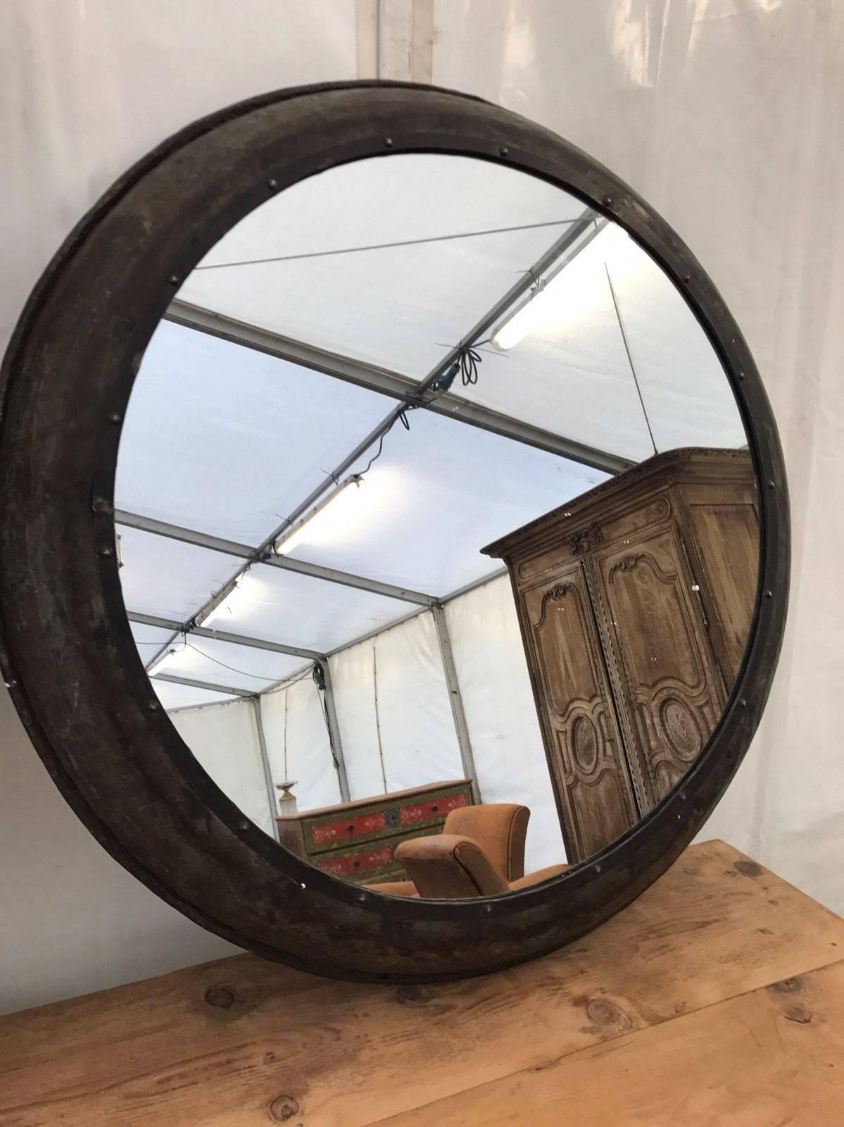 French Industrial Metal Circular Railway Mirror, Vintage, Rare For Sale