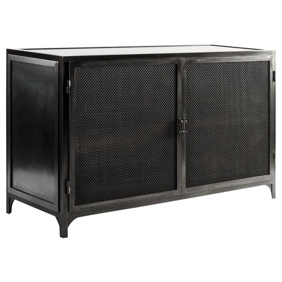 Industrial Metal Console Cabinet with Double Doors in Blackened Steel Finish