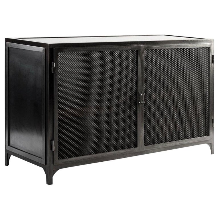 Industrial Metal Console Cabinet with Double Doors in Blackened Steel Finish For Sale
