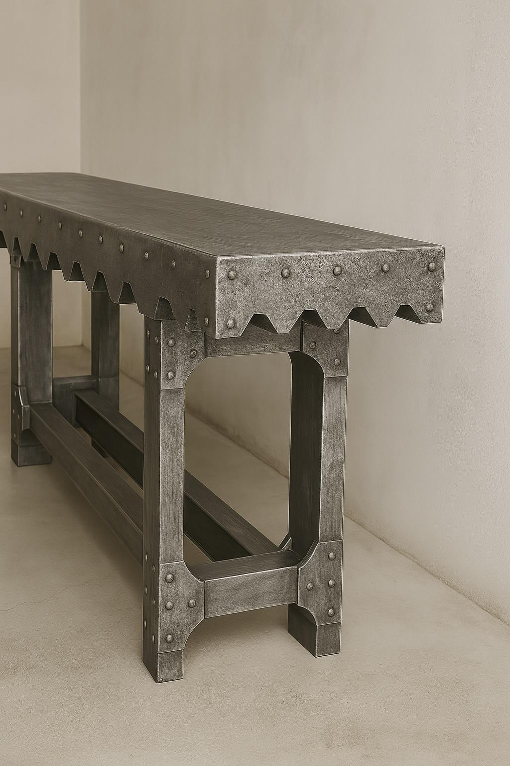 Industrielle Metallkonsole mit vernieteten Details im brutalistischen Stil (Handgefertigt) im Angebot