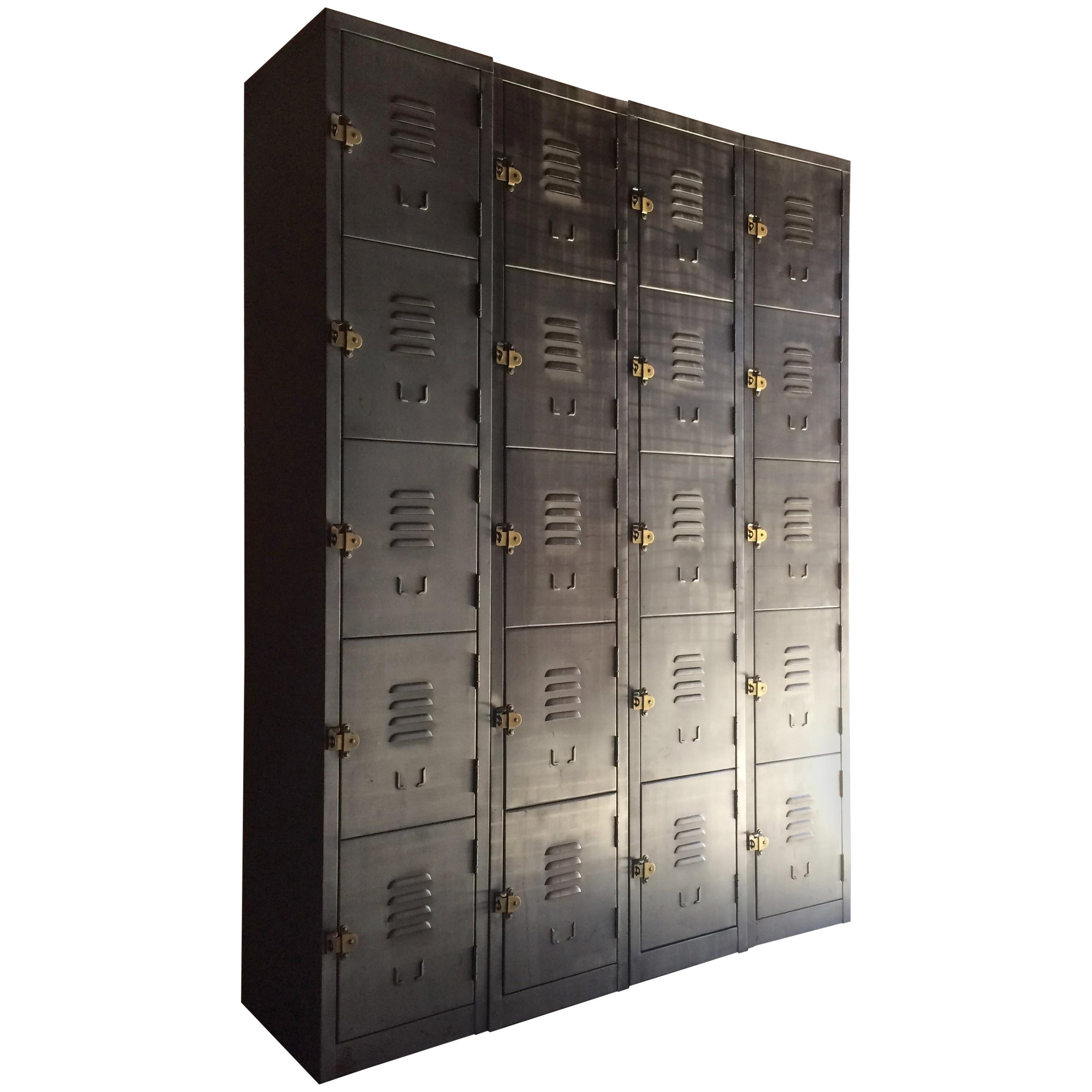 Industrial Metal Lockers Set of Four Loft Style Brushed Steel Cabinets