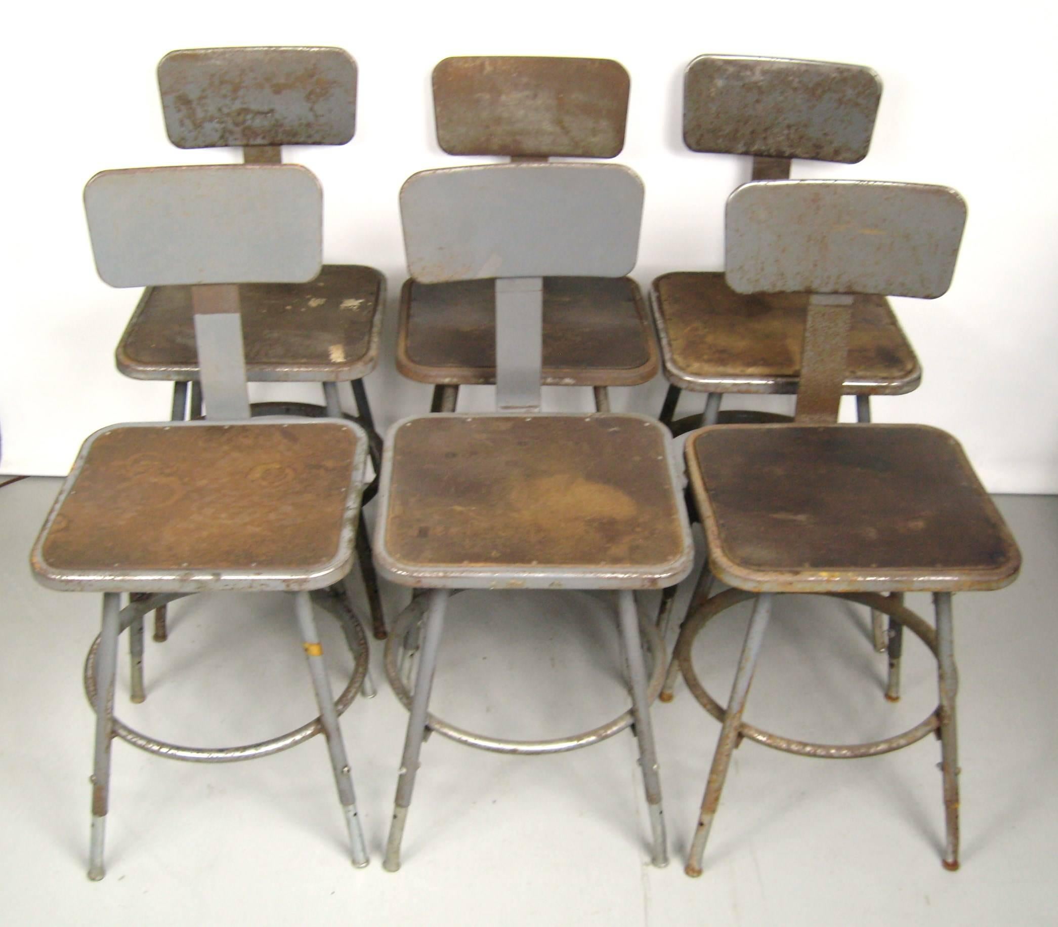 Fantastic set of six industrial metal stools from schrade knife factory in Ellenville NY.