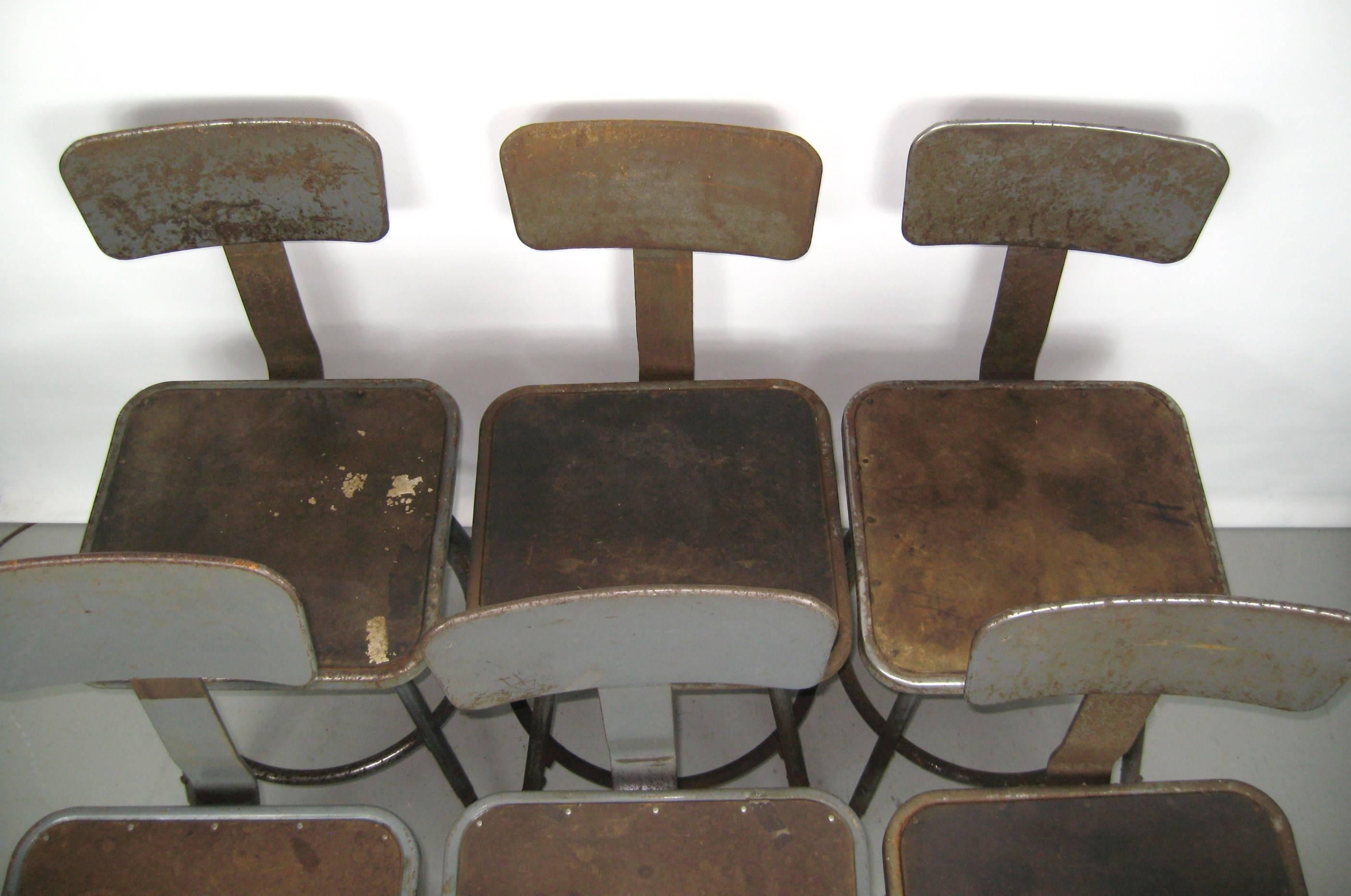 American Industrial Metal Machine Age Shop Stools from Schrade Knife Factory in NY For Sale