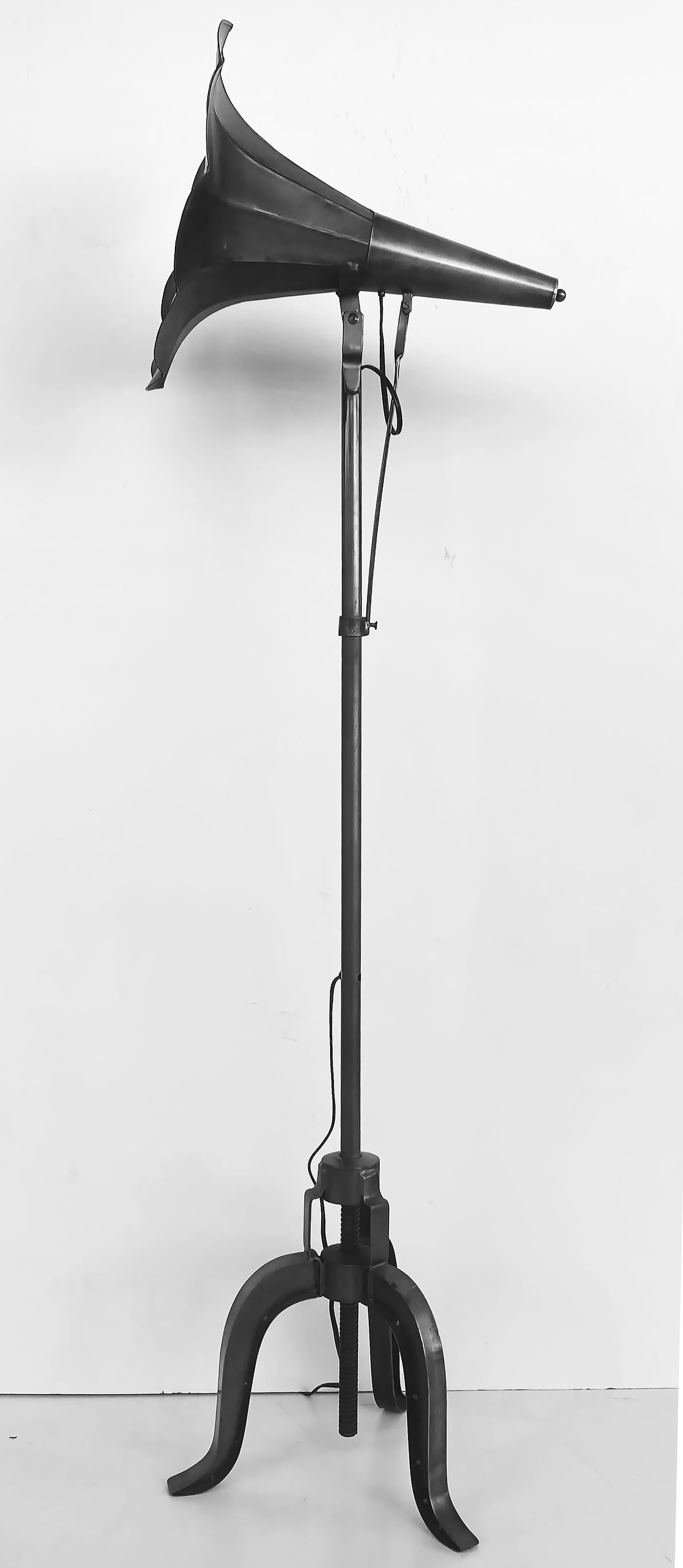 Industrial Metal Sound Horn Adjustable Floor Lamp with Floor Switch In Good Condition For Sale In Miami, FL