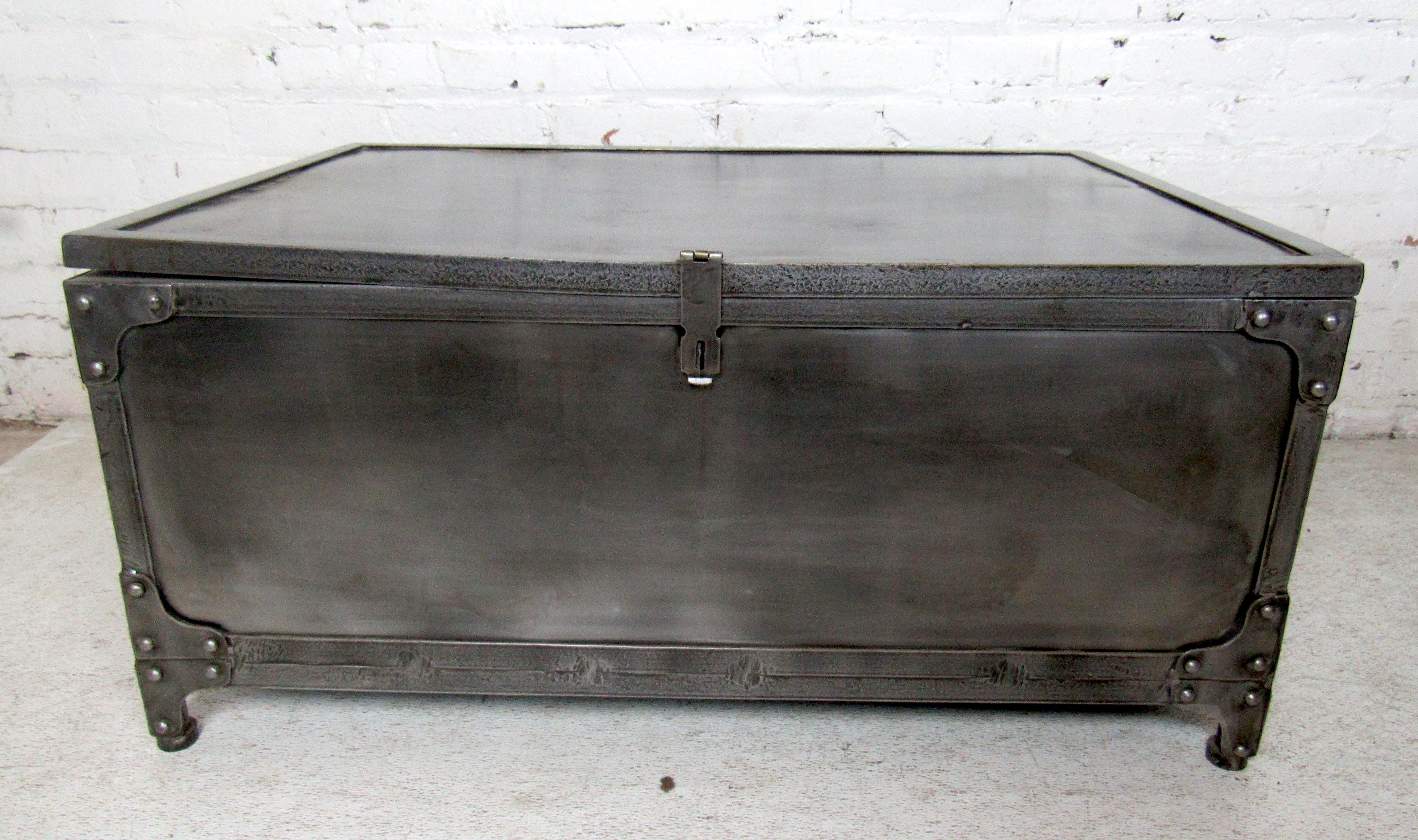 Vintage industrial metal storage trunk featuring a latch, and large spacious chest.

(Please confirm item location - NY or NJ - with dealer).