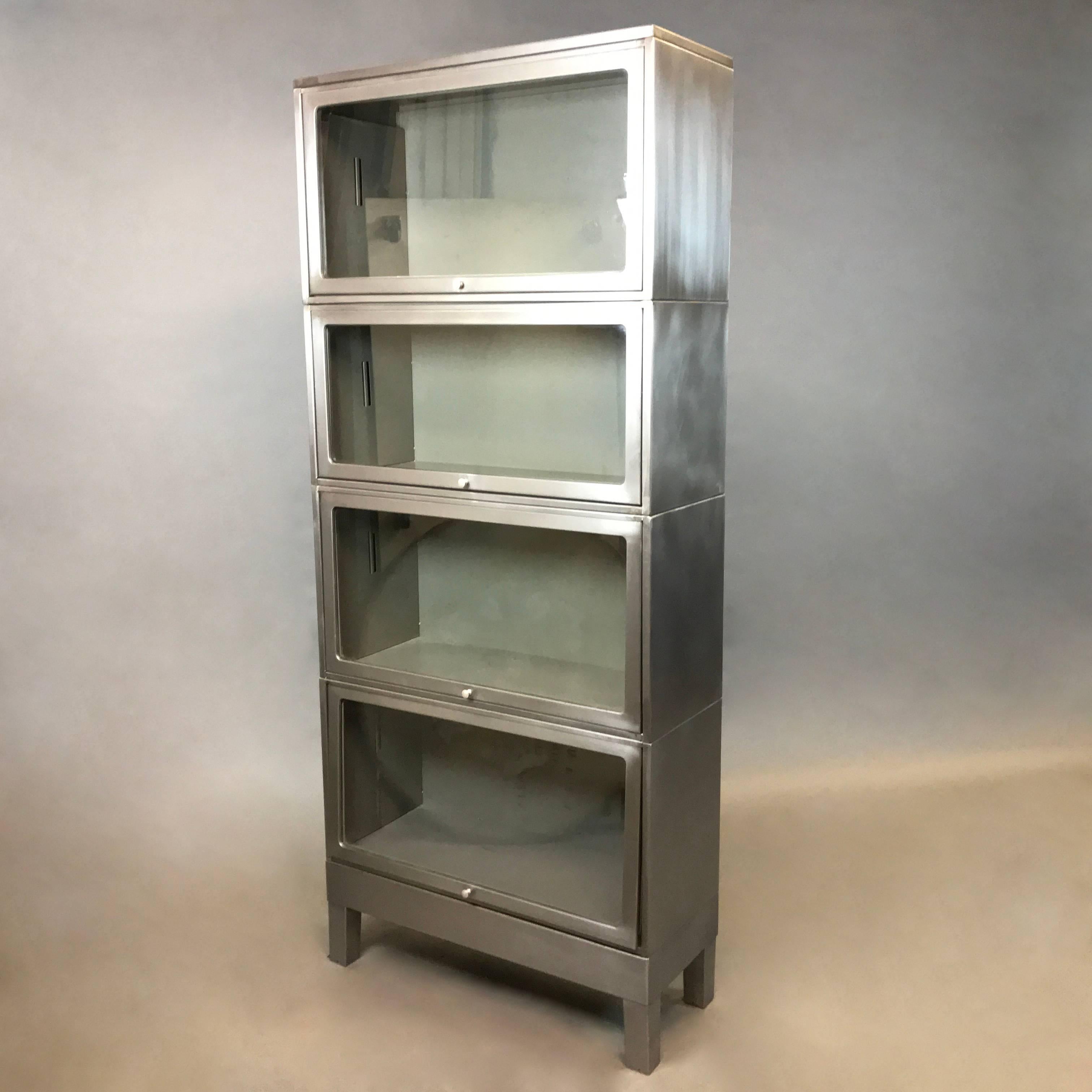 American Industrial Mid Century Brushed Steel Barrister Bookcase