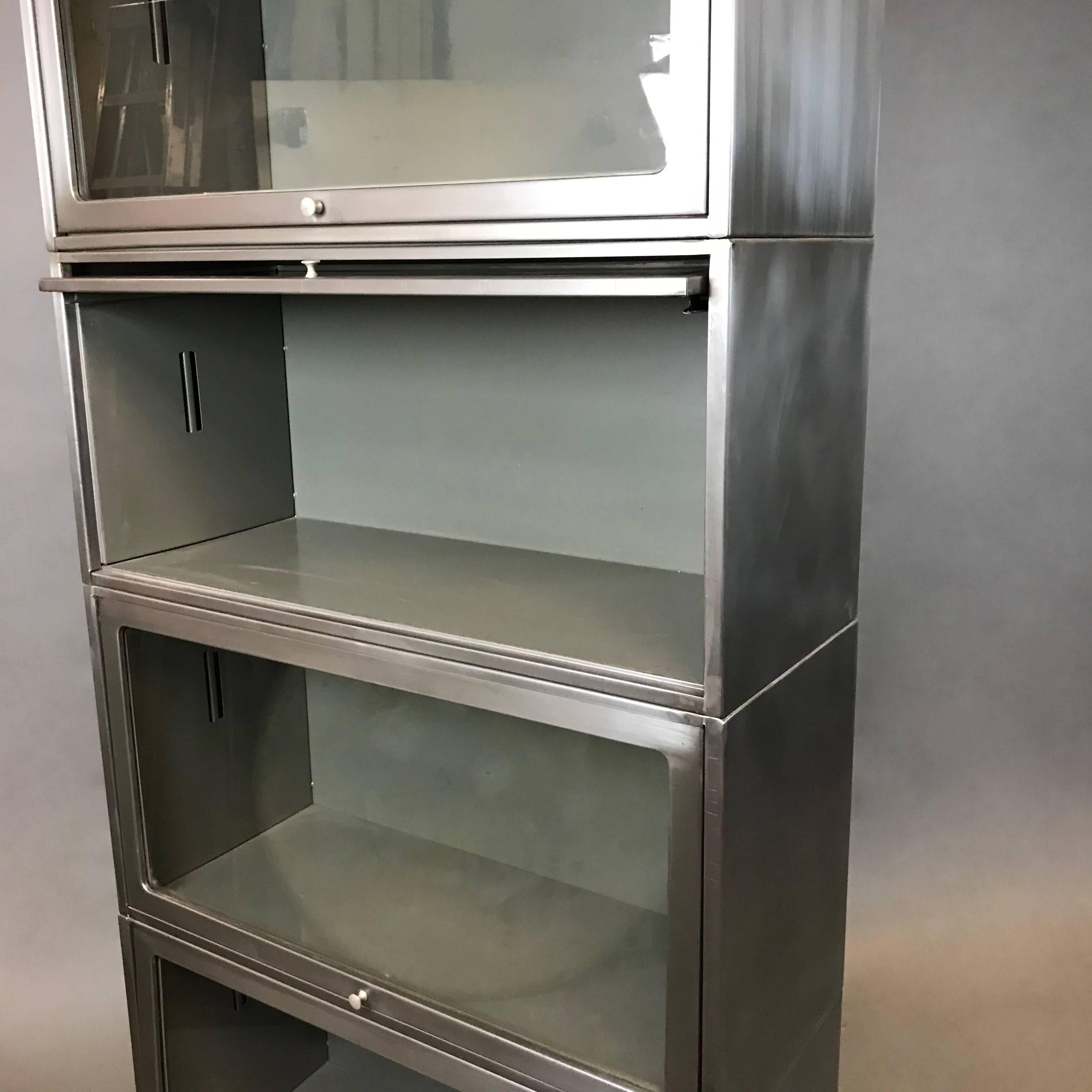 Industrial Mid Century Brushed Steel Barrister Bookcase In Excellent Condition In Brooklyn, NY