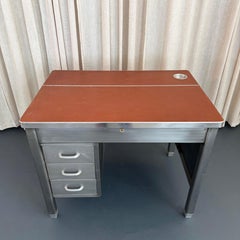 Industrial Mid-Century Brushed Steel Military Desk With Leather Pop-Up Top