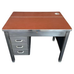 Industrial Mid-Century Brushed Steel Military Desk With Leather Pop-Up Top