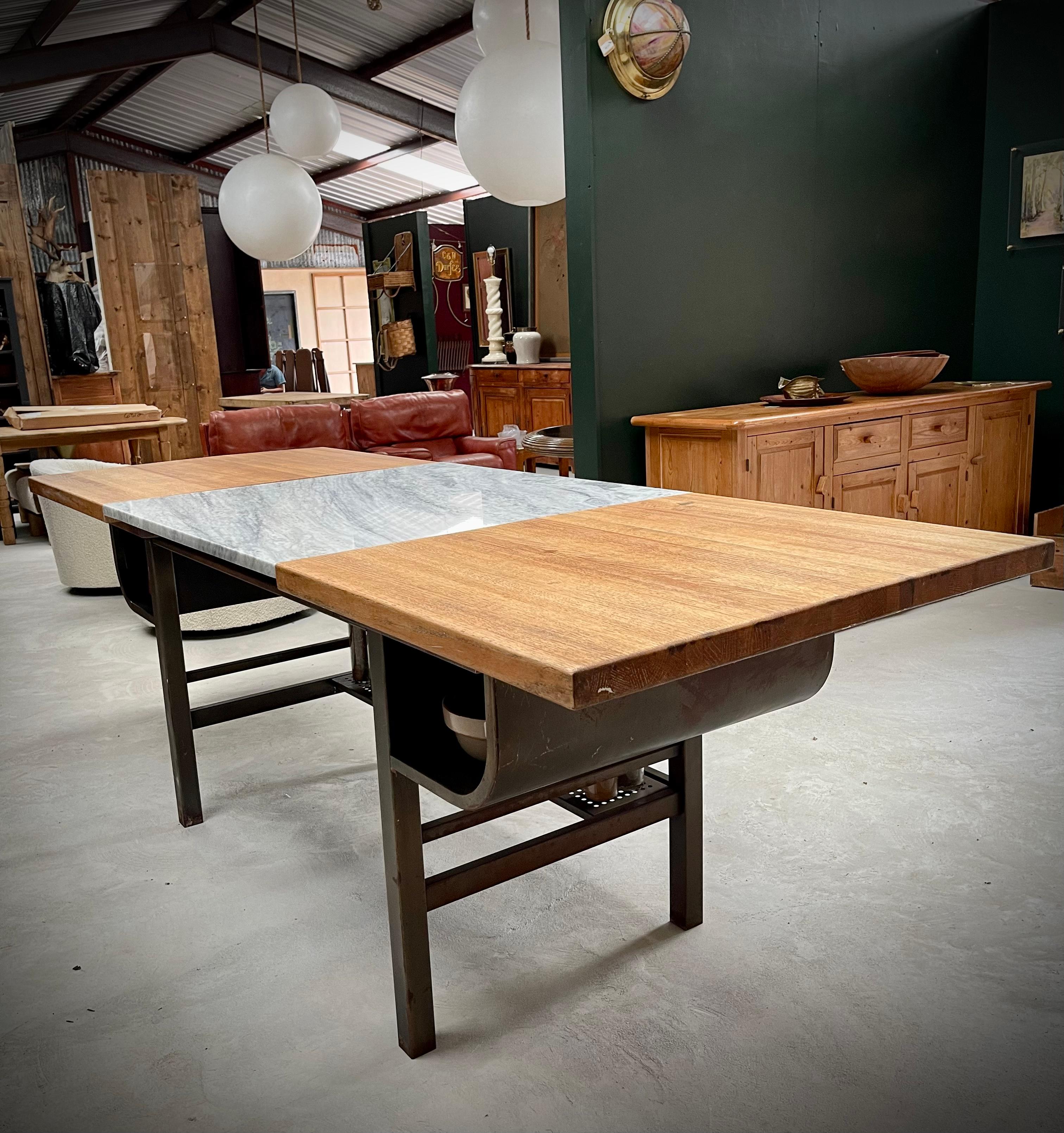 American Industrial Mid Century Oak Butcher Block/Marble Island Work Table For Sale
