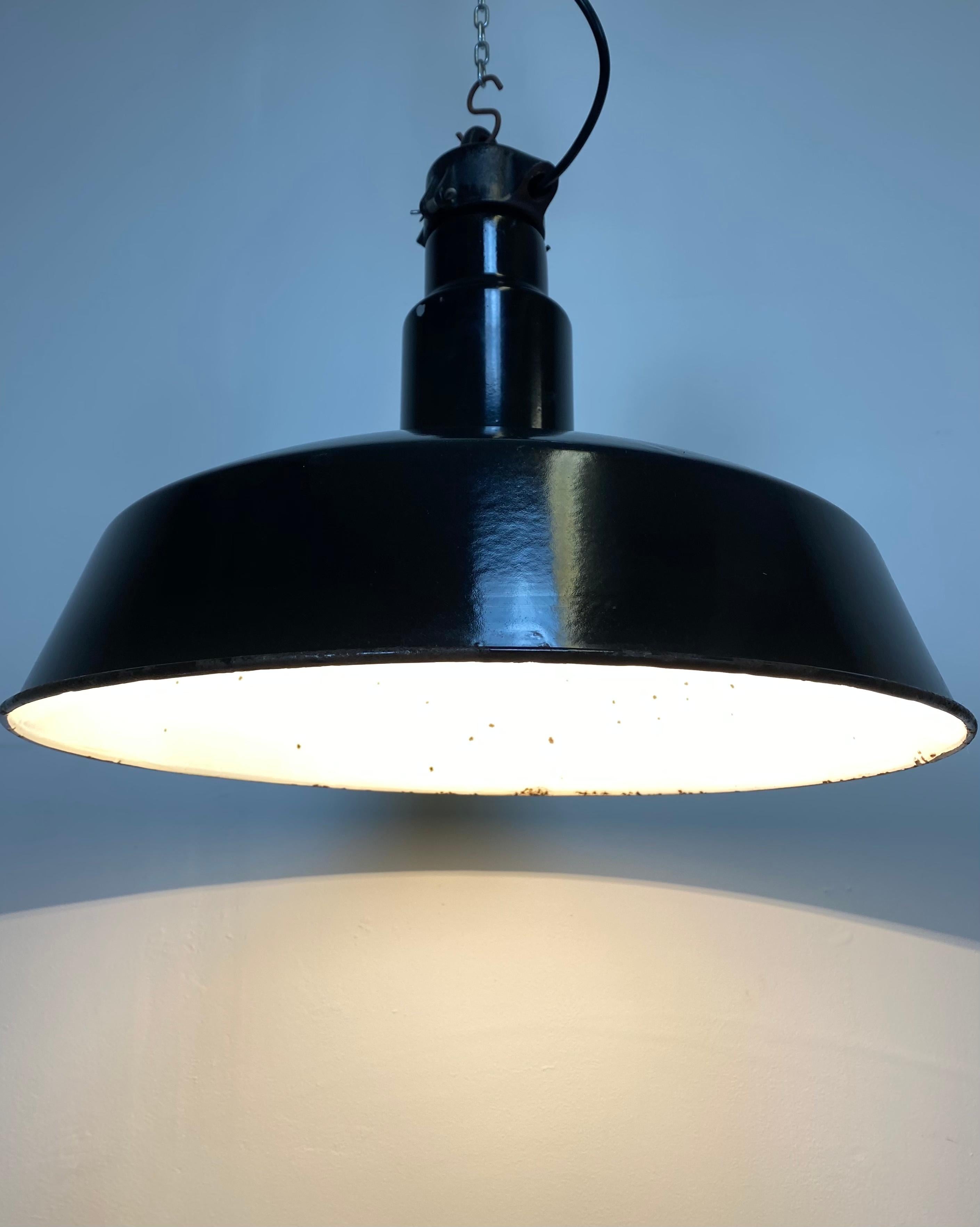 Iron Industrial Midcentury Black Enamel Factory Lamp, 1950s
