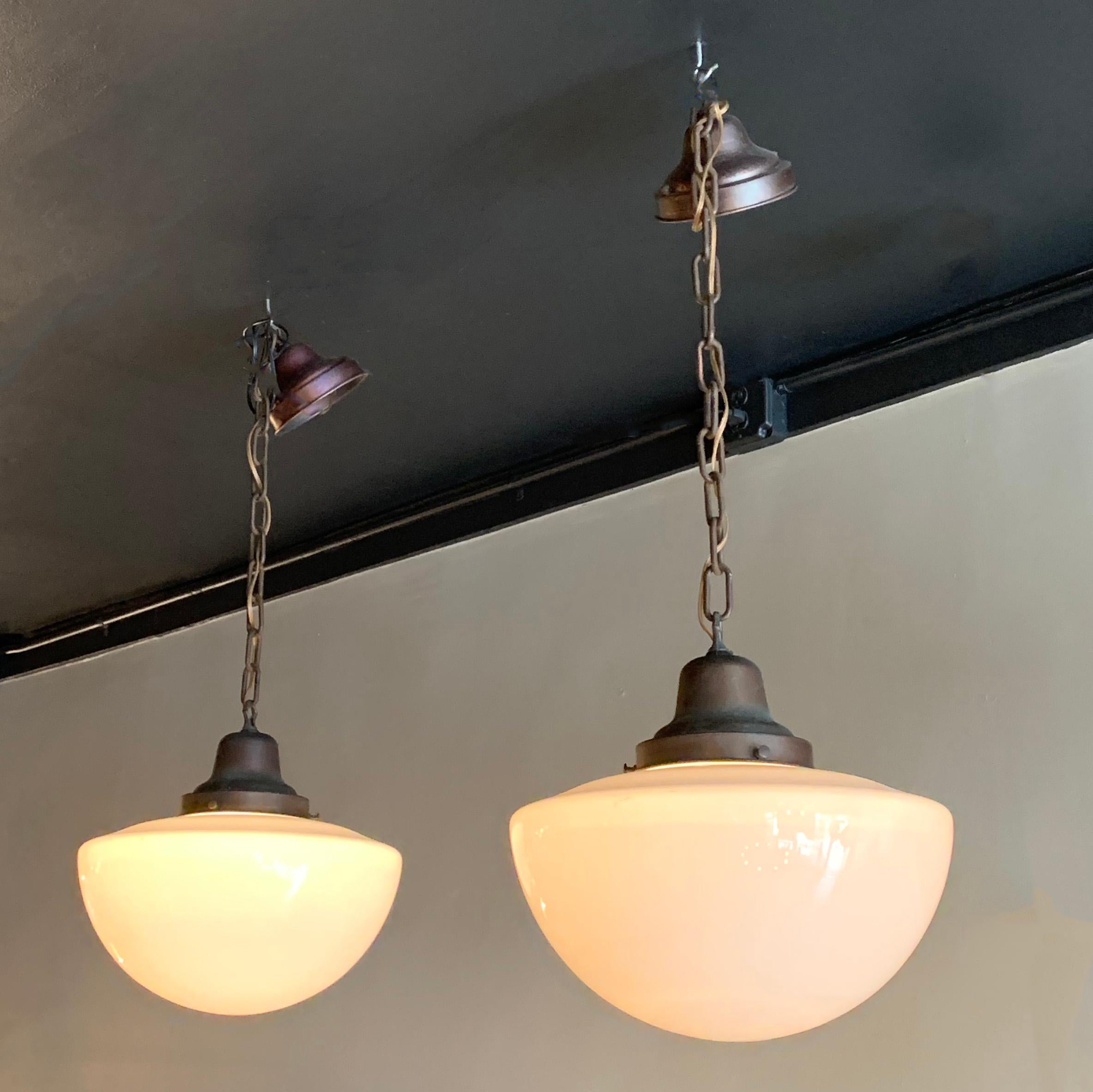 American Industrial Milk Glass and Brass Library Pendant Lights