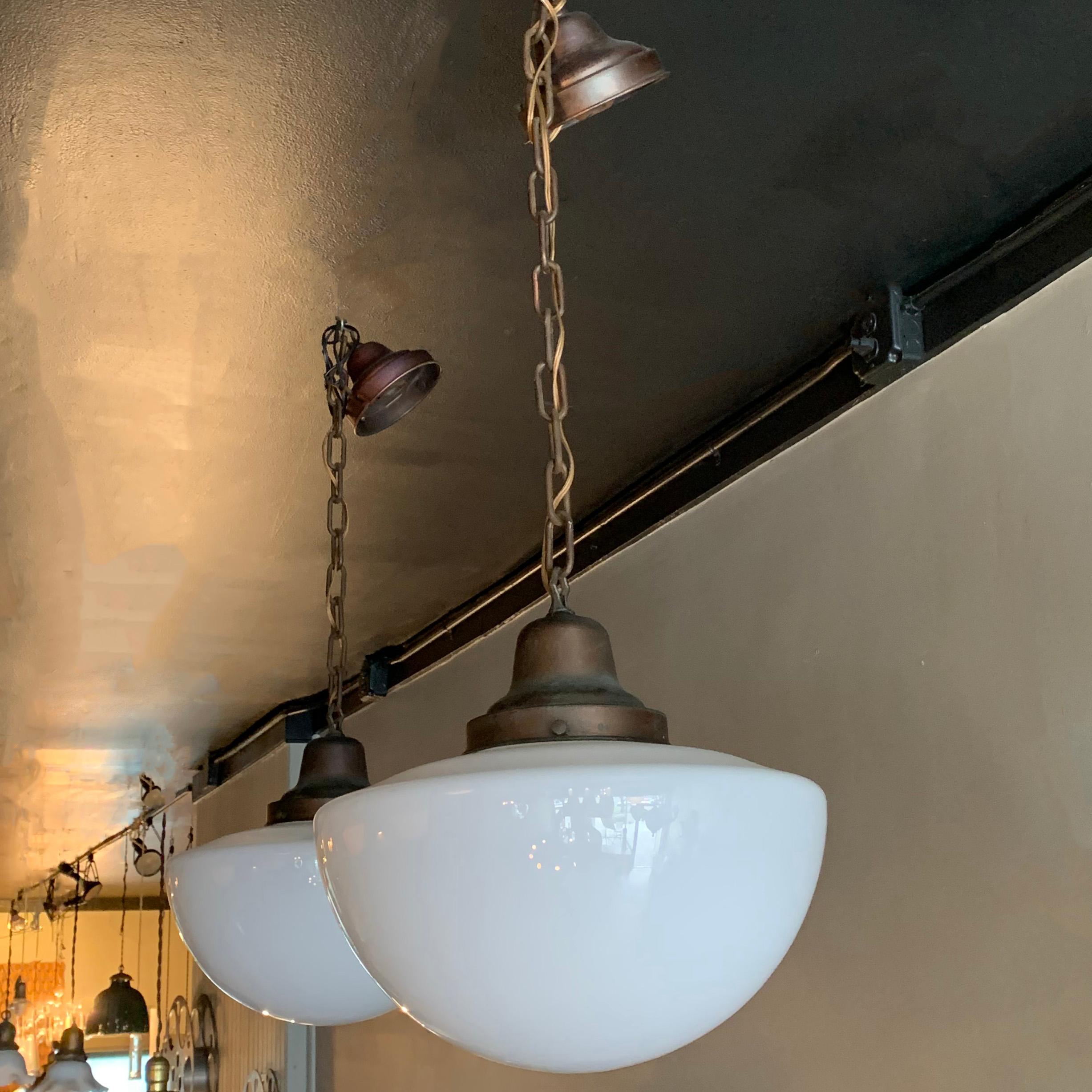 20th Century Industrial Milk Glass and Brass Library Pendant Lights