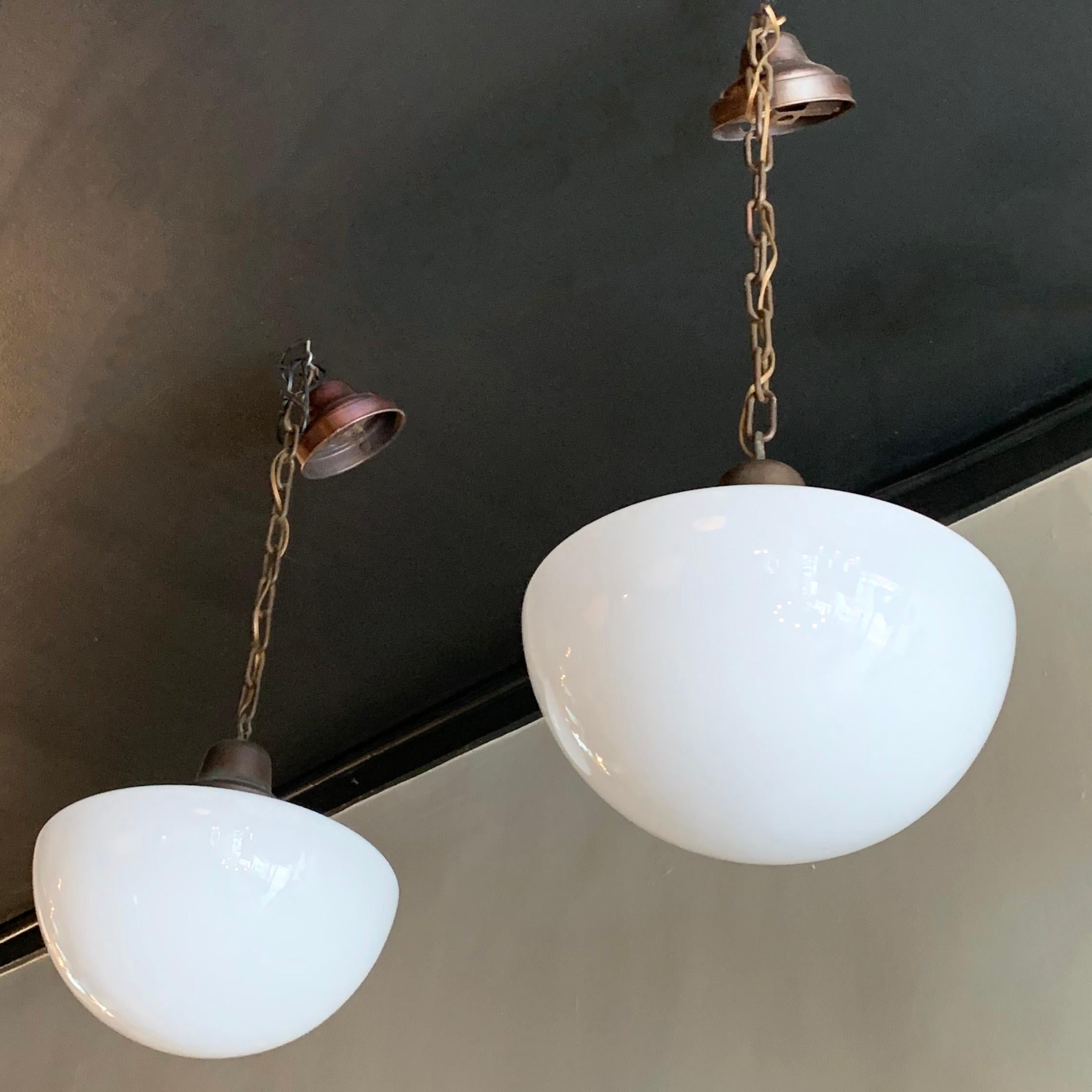 Industrial Milk Glass and Brass Library Pendant Lights 1