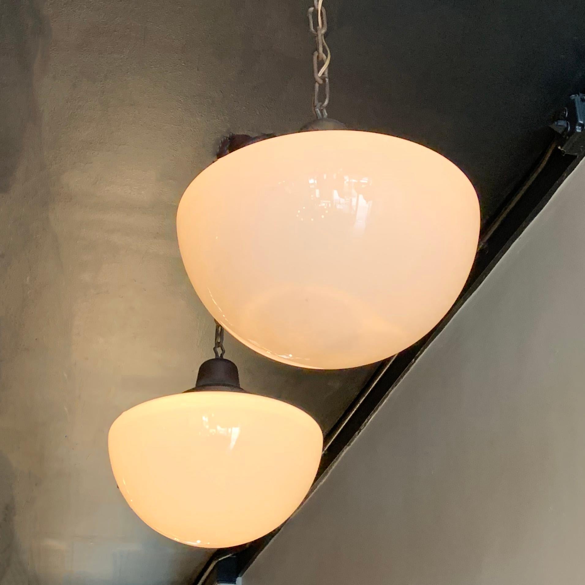 Industrial Milk Glass and Brass Library Pendant Lights 2
