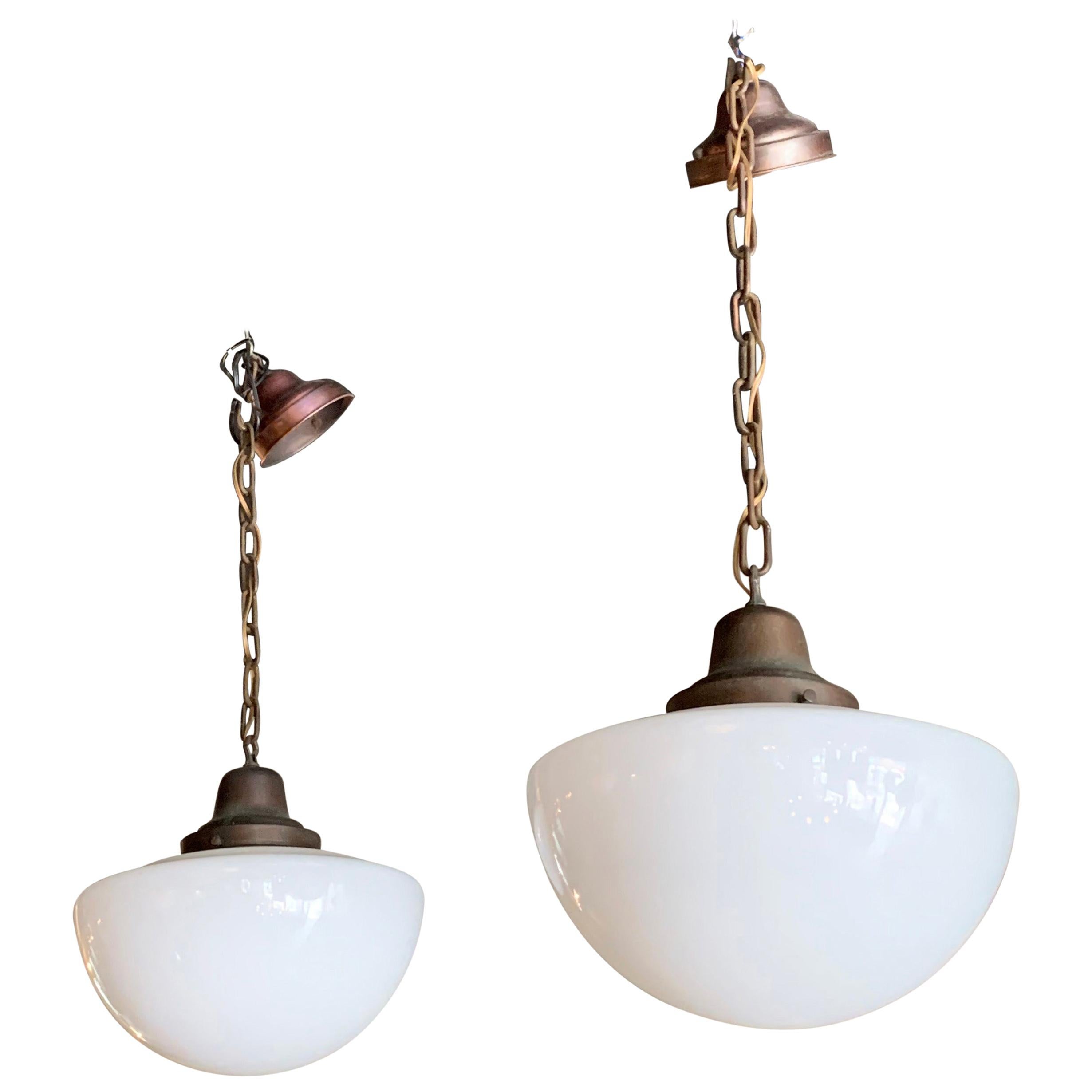 Industrial Milk Glass and Brass Library Pendant Lights