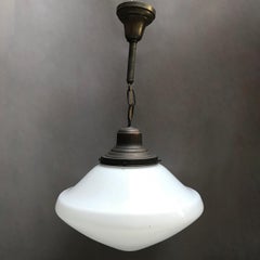 Industrial Milk Glass and Brass Pharmacy Pendant Light