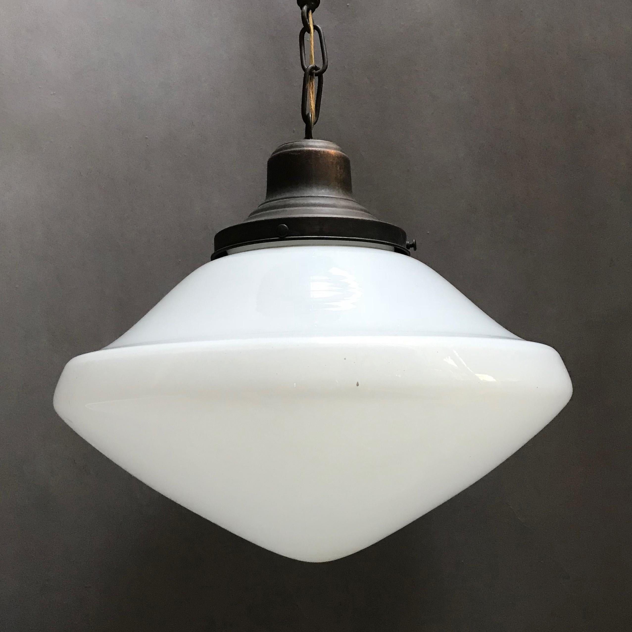 Industrial Milk Glass and Brass Pharmacy Pendant Light In Excellent Condition In Brooklyn, NY