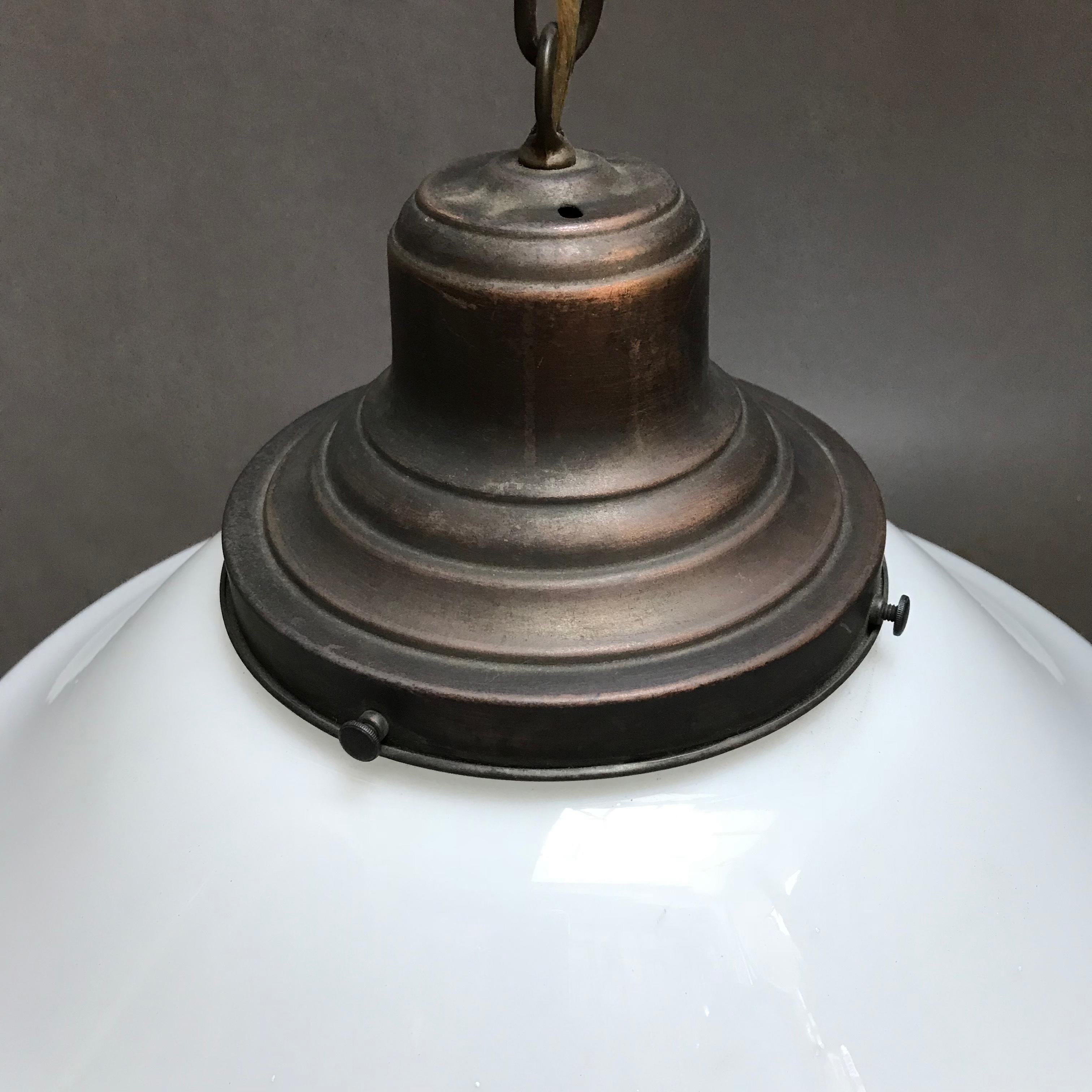 20th Century Industrial Milk Glass and Brass Pharmacy Pendant Light