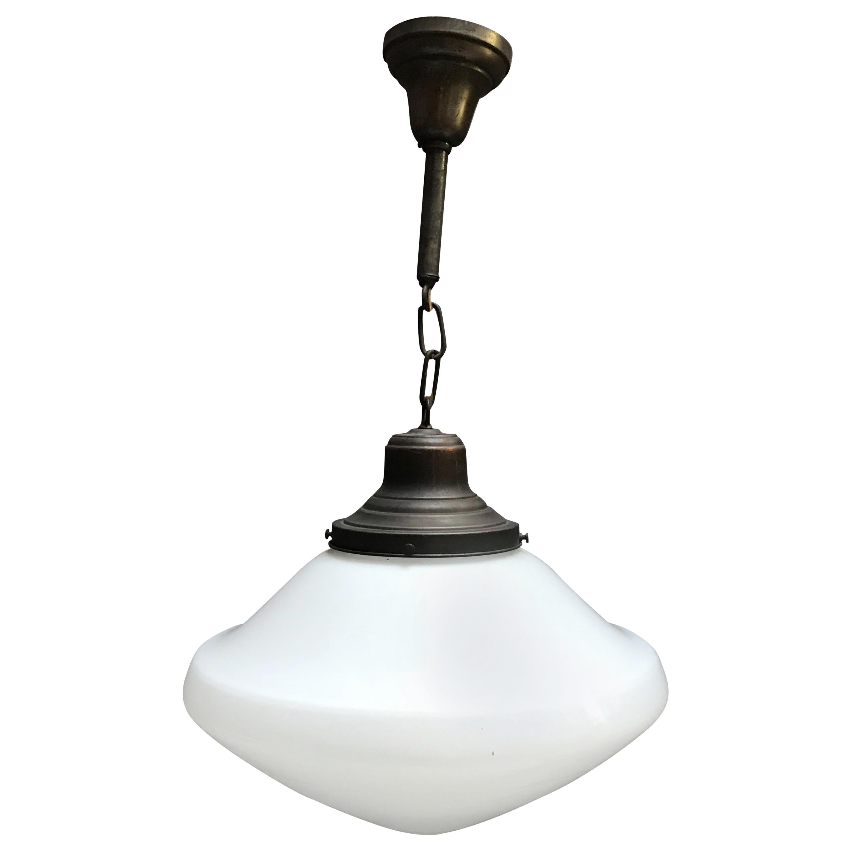 Industrial Milk Glass and Brass Pharmacy Pendant Light