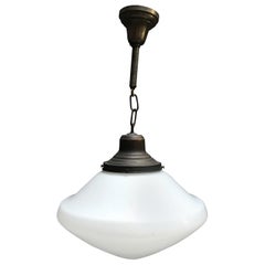 Antique Industrial Milk Glass and Brass Pharmacy Pendant Light