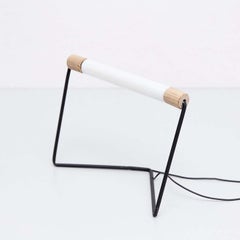 Industrial Minimal Table Lamp in Metal and Wood, circa 1990