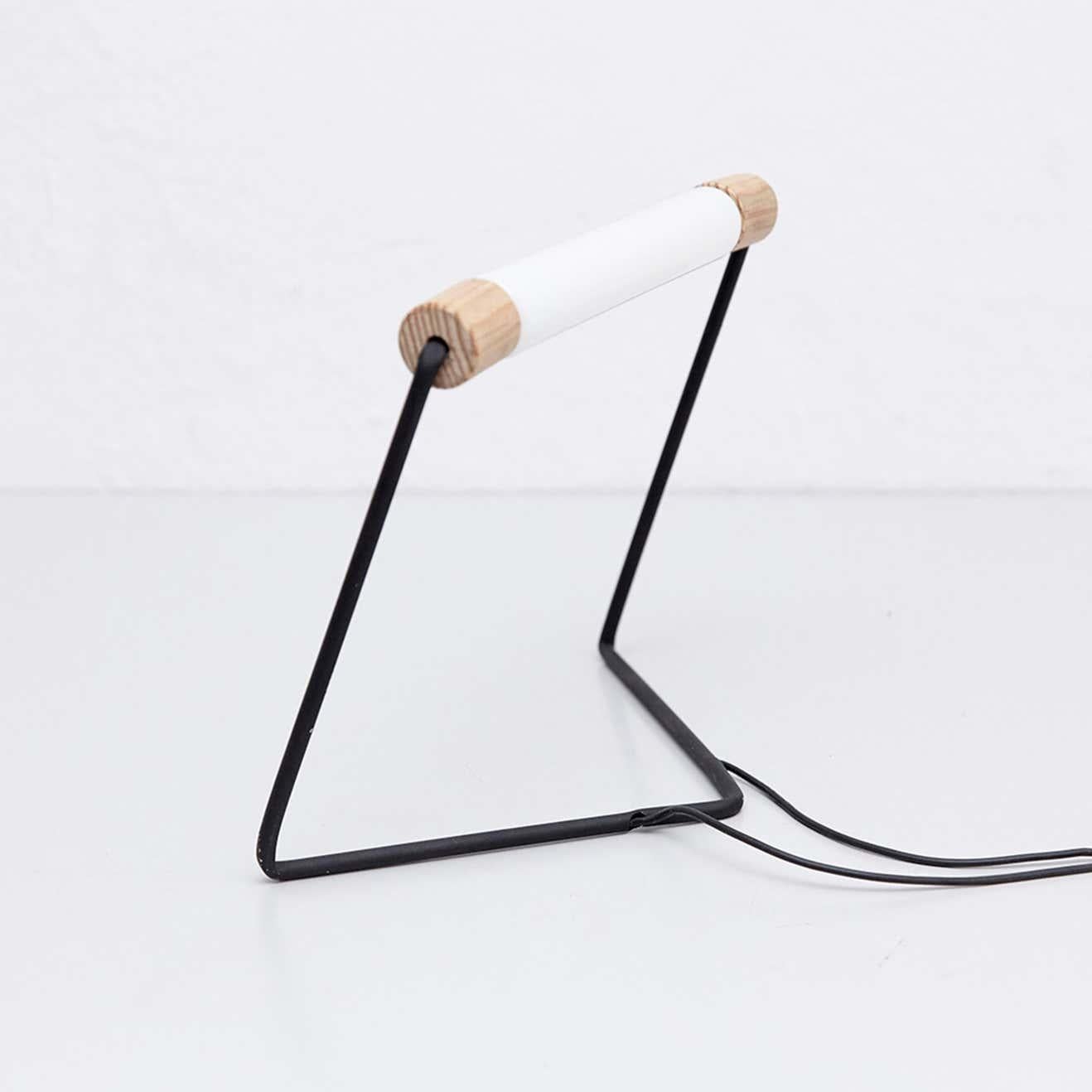 Spanish Industrial Minimal Table Lamp in Metal and Wood, circa 1990 For Sale