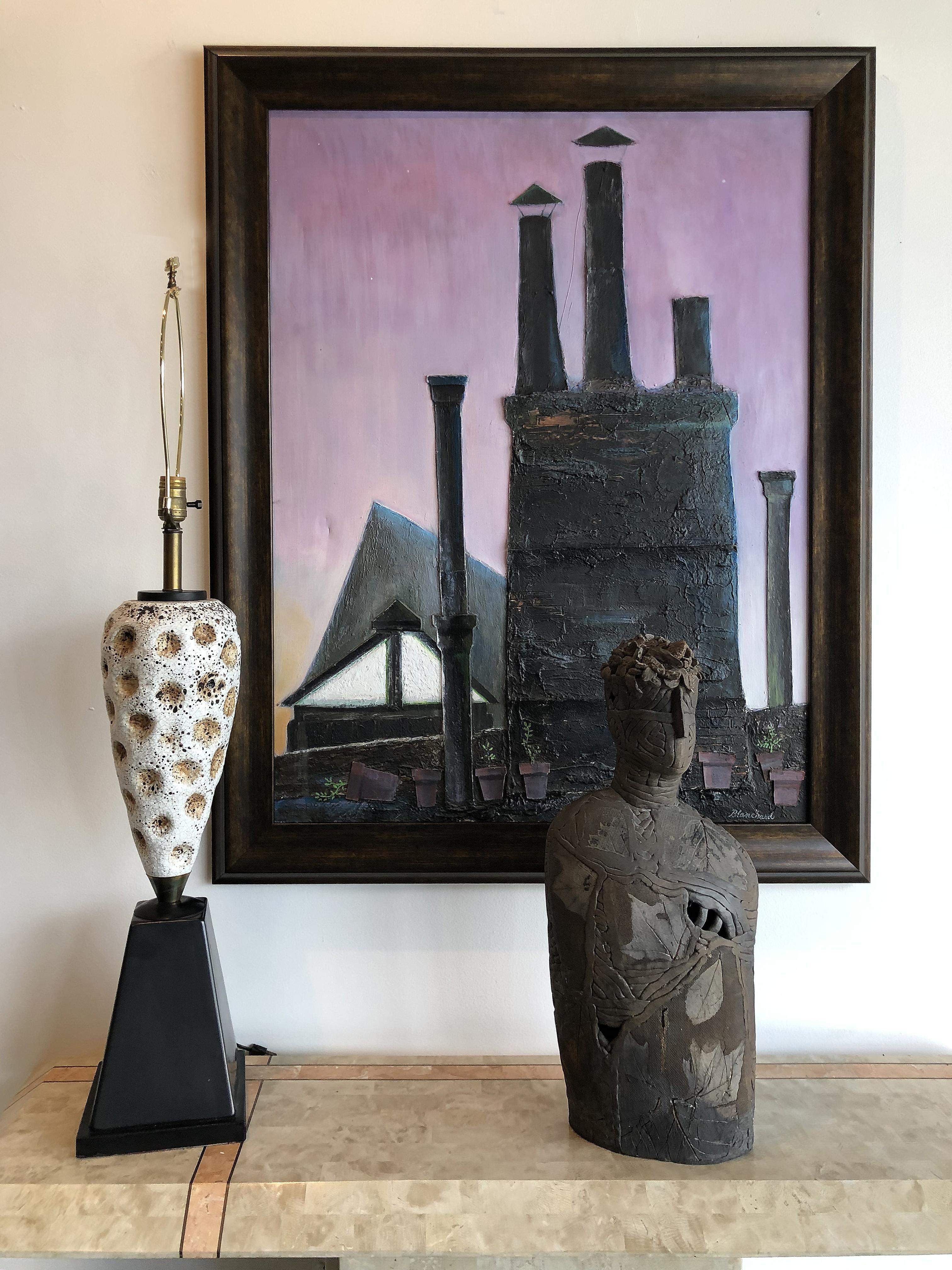 Industrial mixed-media oil painting by Robert Blanchard

Offered for sale is a vintage 1960s Industrial mix media oil on canvas by Robert Blanchard. The painting encompasses a textured roof garden with raised dimensional stacks and flower pots.