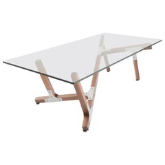 Table basse moderne industrielle de Peter Harrison en verre et bois, en stock