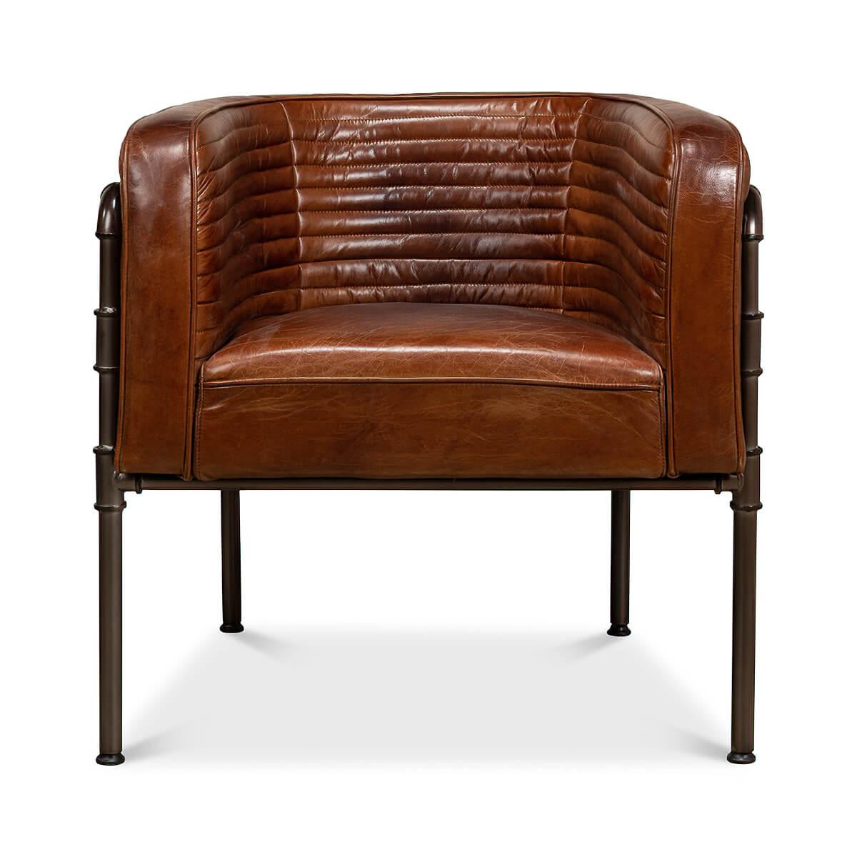 Industrial Modern metal and brown leather armchair with an industrial-style design. Dark brown leather with ribbed detailing wraps around the interior back and sides of the chair which sits on a 