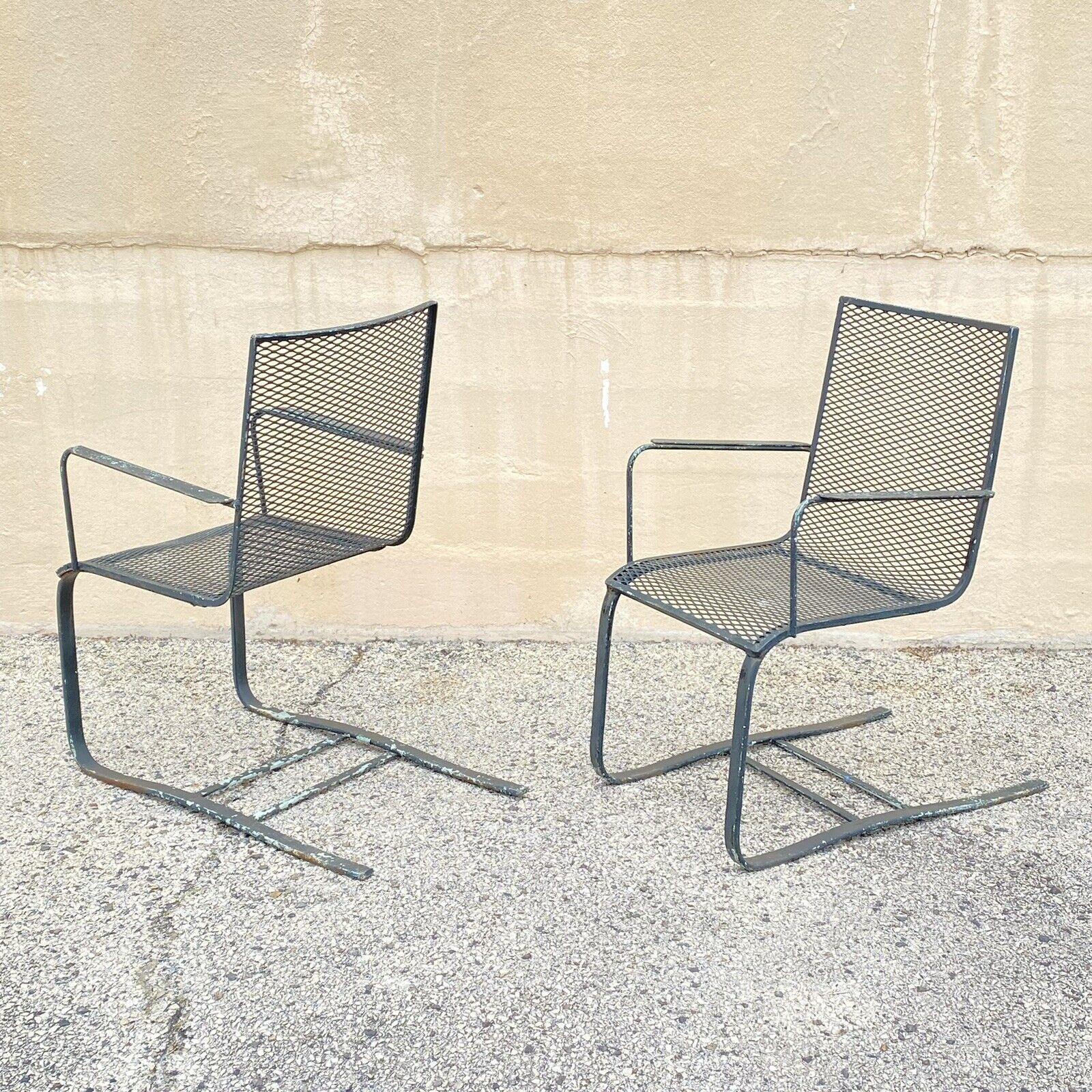 Industrial Modern Wrought Iron Metal Mesh Cantilever Garden Patio Chair - a Pair For Sale 5