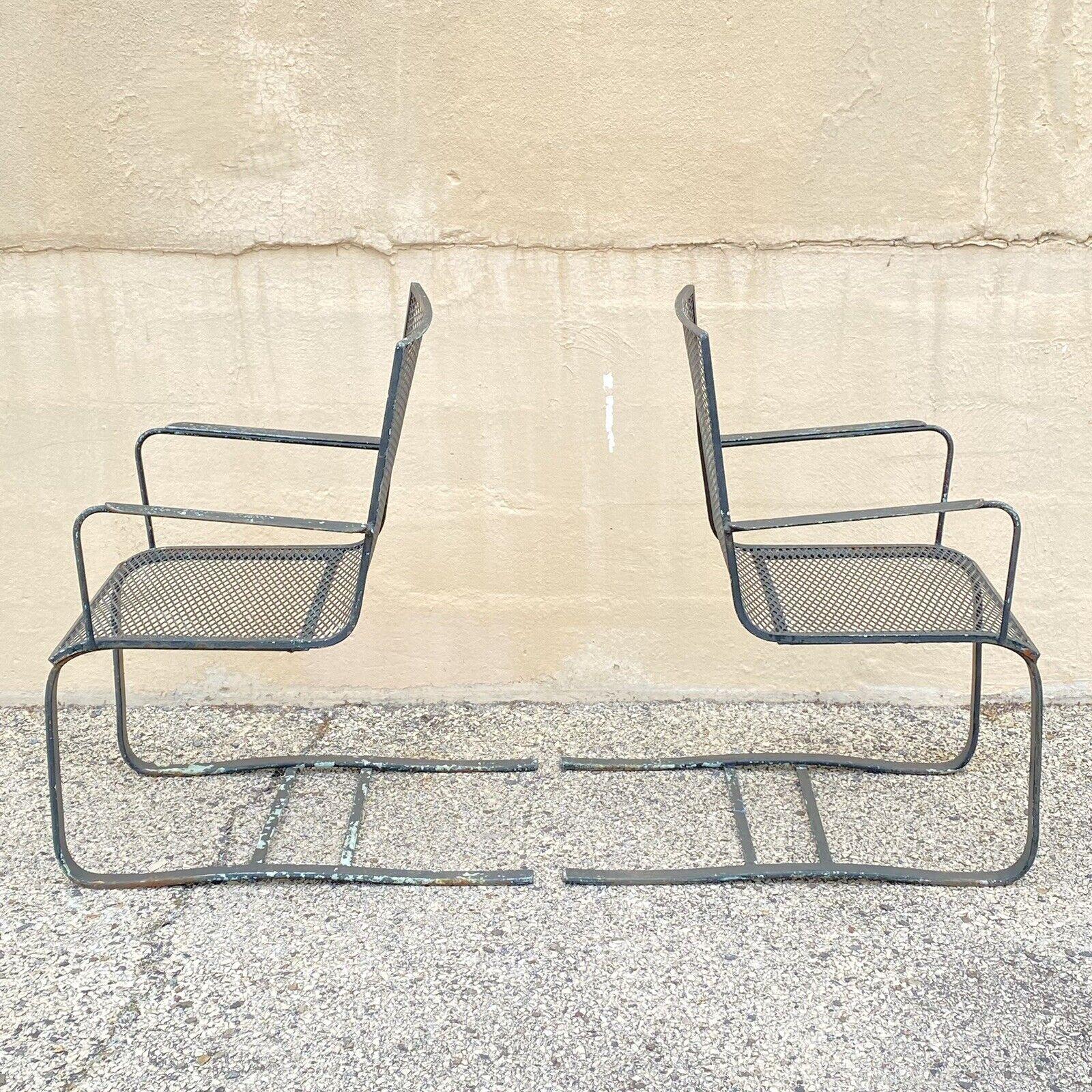 Mid-Century Modern Industrial Modern Wrought Iron Metal Mesh Cantilever Garden Patio Chair - a Pair For Sale