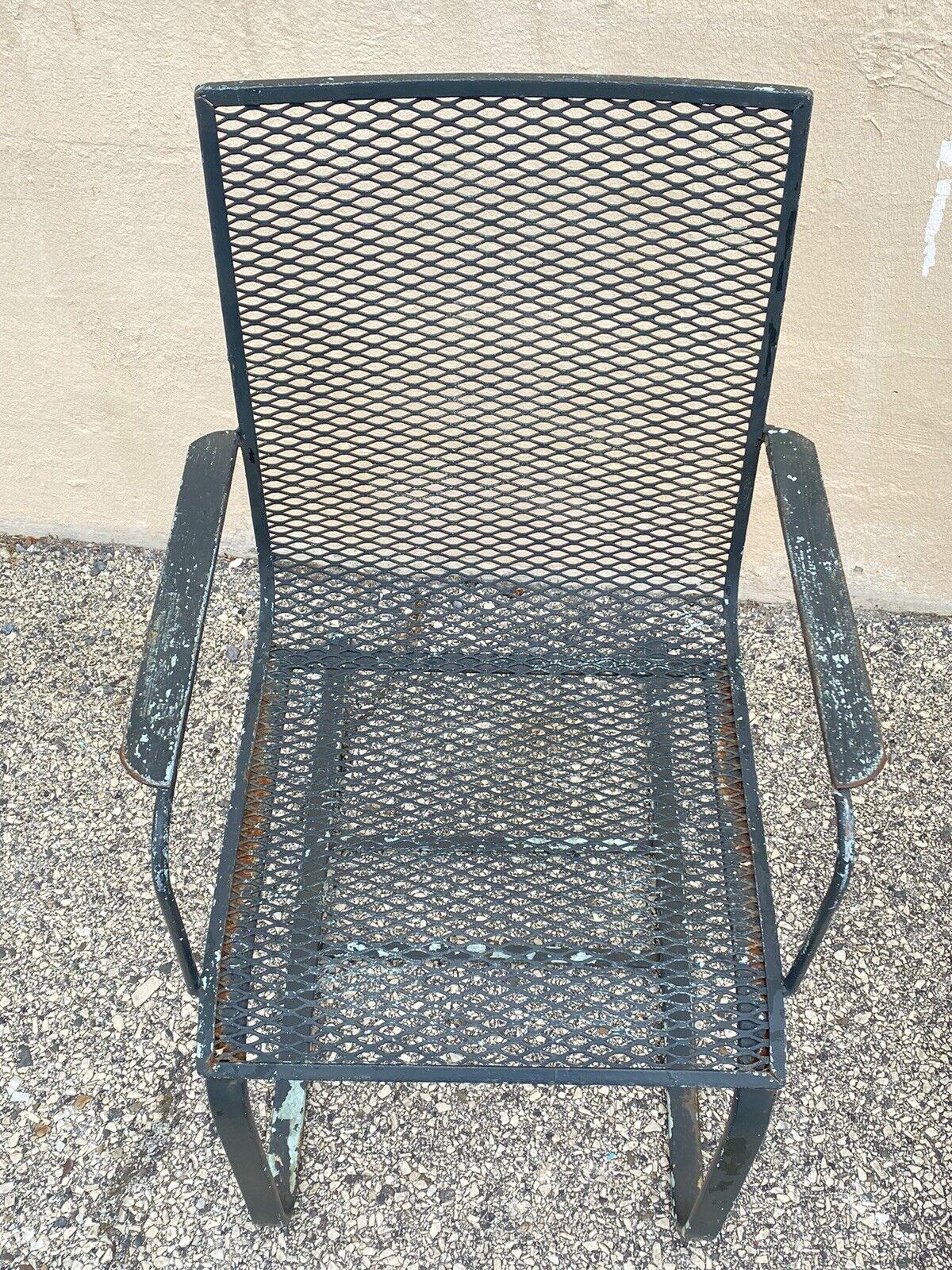 Industrial Modern Wrought Iron Metal Mesh Cantilever Garden Patio Chair - a Pair In Good Condition For Sale In Philadelphia, PA