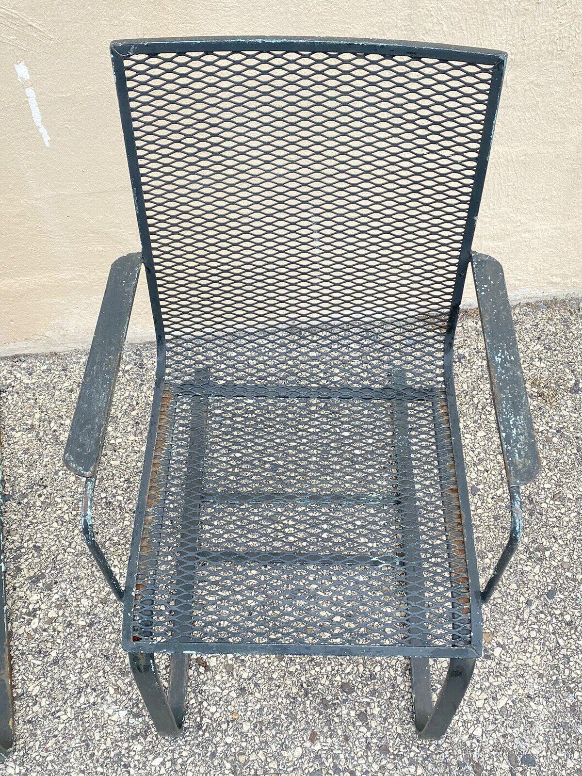 20th Century Industrial Modern Wrought Iron Metal Mesh Cantilever Garden Patio Chair - a Pair For Sale