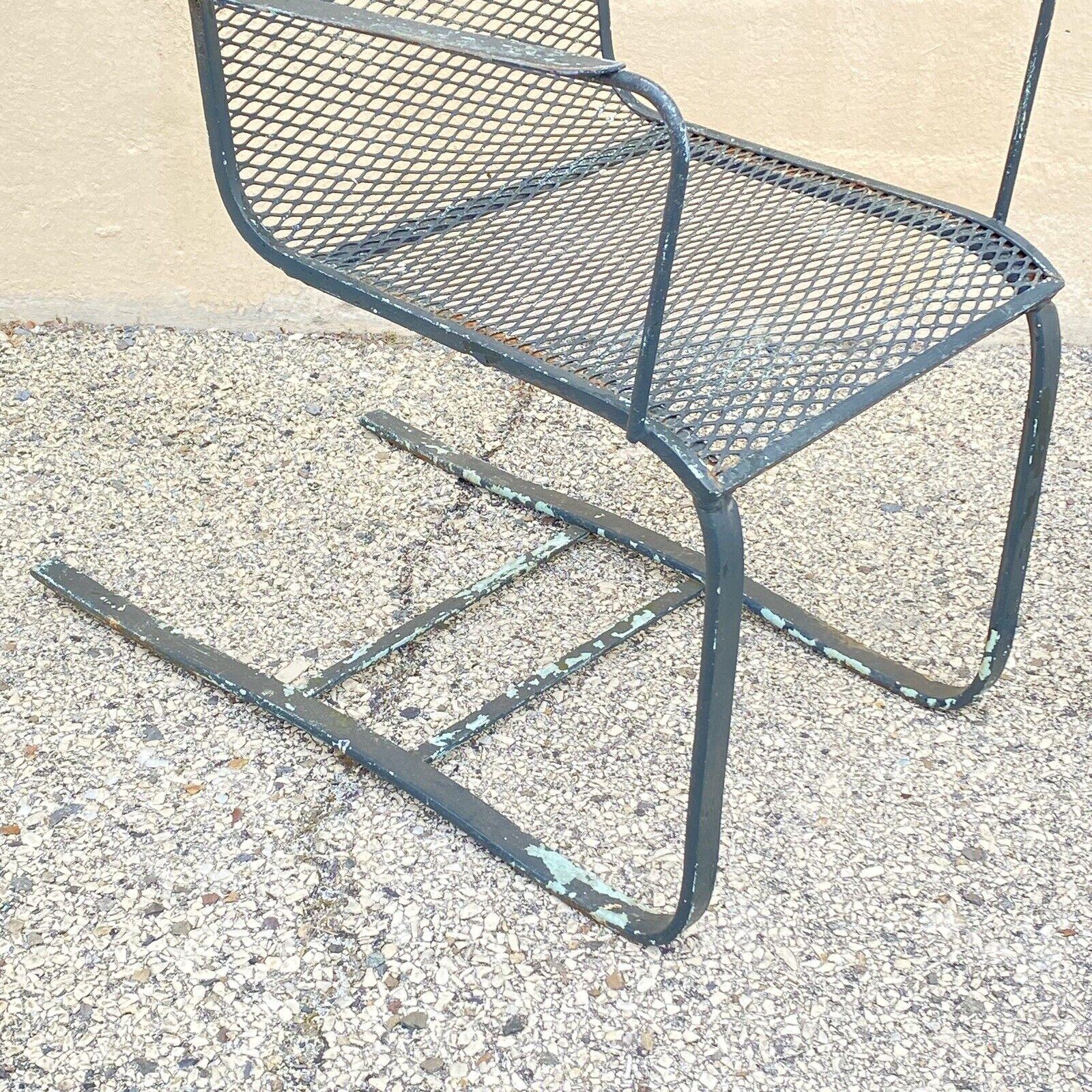 Industrial Modern Wrought Iron Metal Mesh Cantilever Garden Patio Chair - a Pair For Sale 2