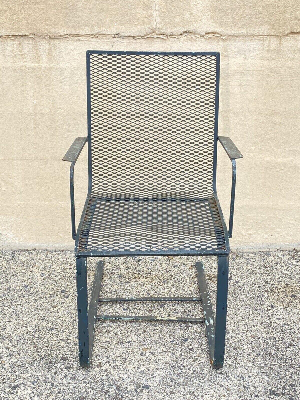 Vintage Industrial Modern Green Wrought Iron Metal Mesh Cantilever Garden Patio Chair. Circa Mid 20th Century. Measurements: 35.5