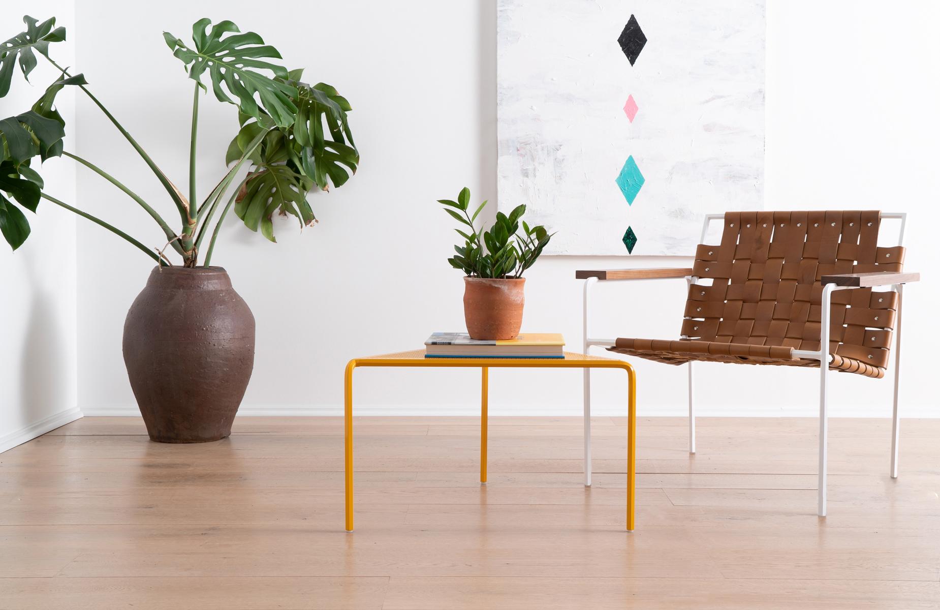 American Industrial Modern Yellow Powder-Coated Steel Rod + Perf Coffee Table For Sale