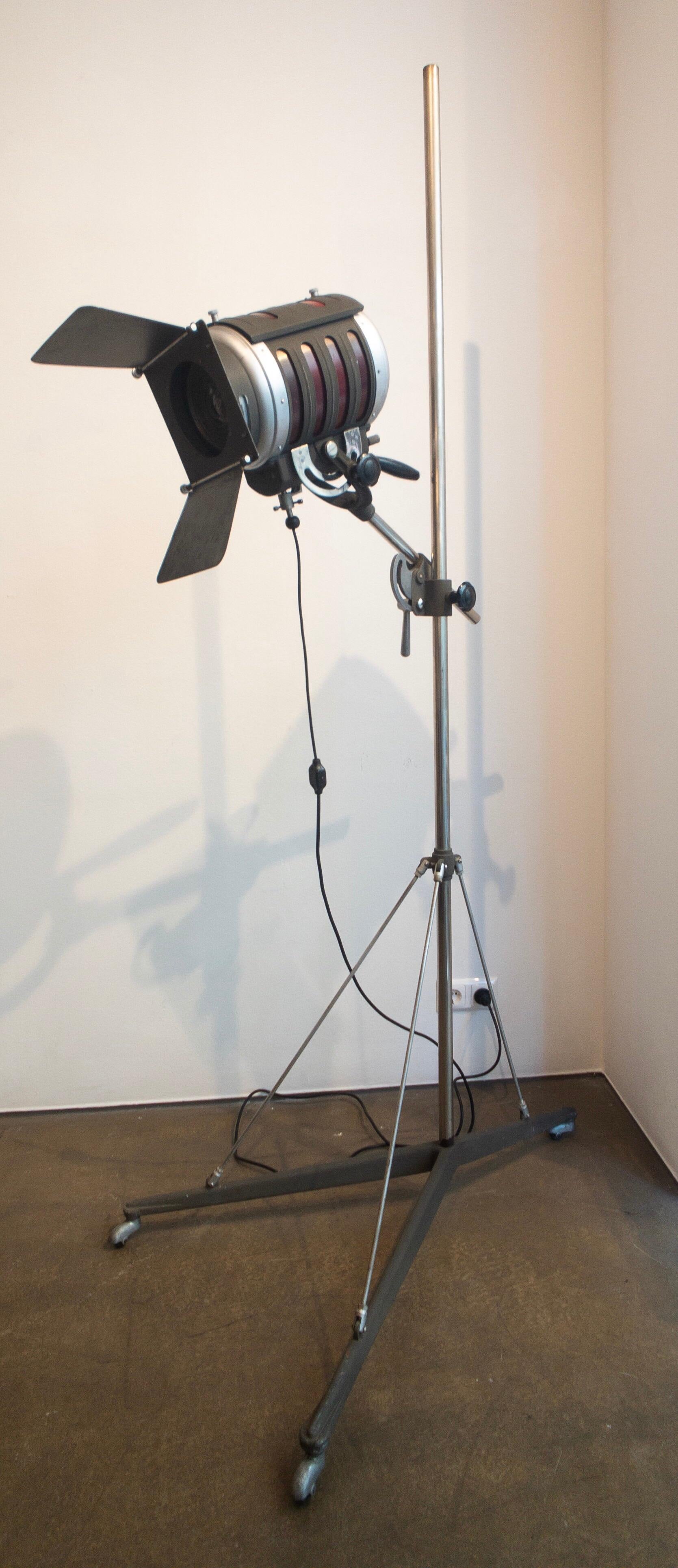 Very rare industrial movie spotlight from Italy, produced circa 1940 in Florence. The spotlight is made from steel and is fixed to a rod. The height of the light is convertible. The piece could also be used as a floor lamp.